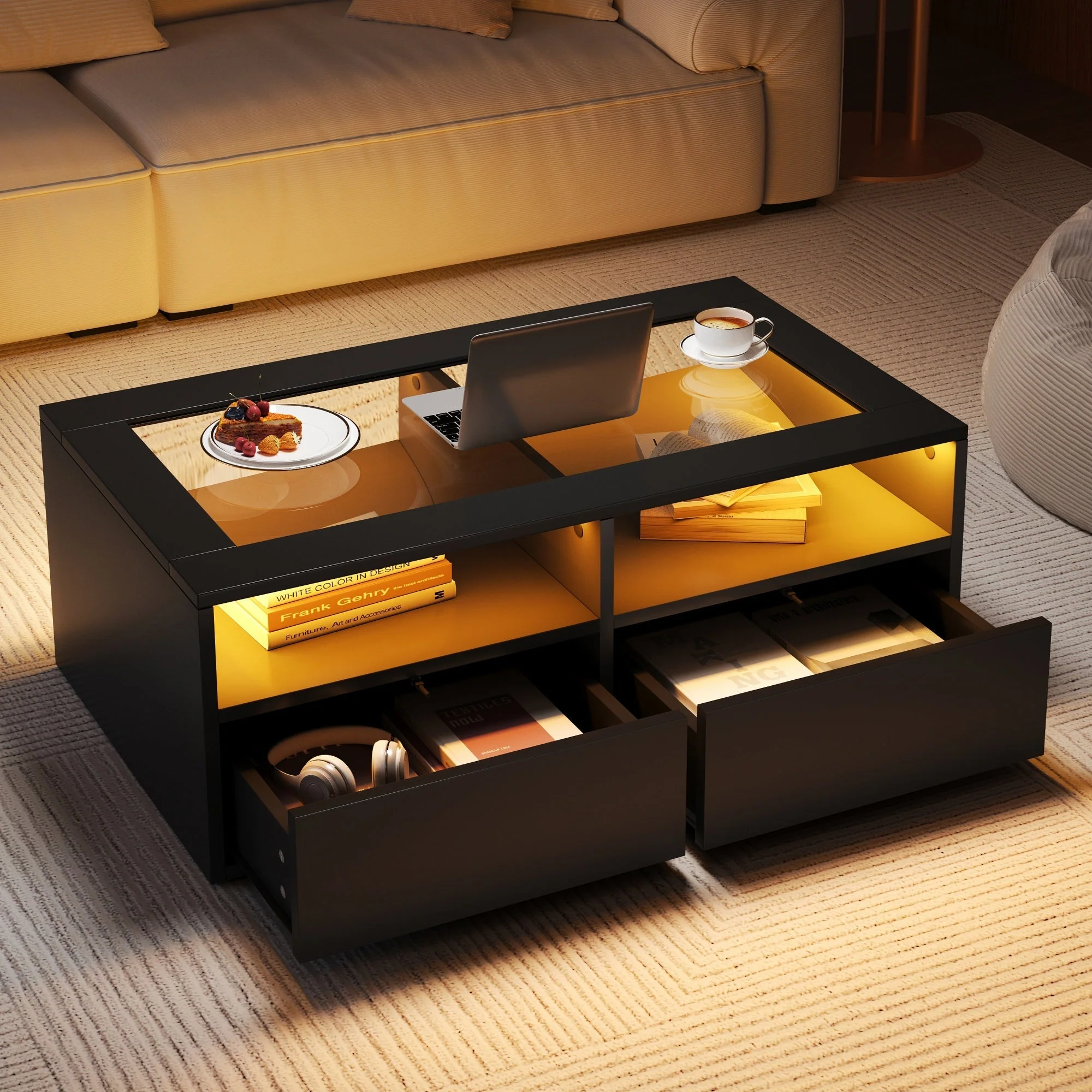 Coffee Table 100x50x35cm LED Light 2 Drawers Glass Storage Black - Image 3