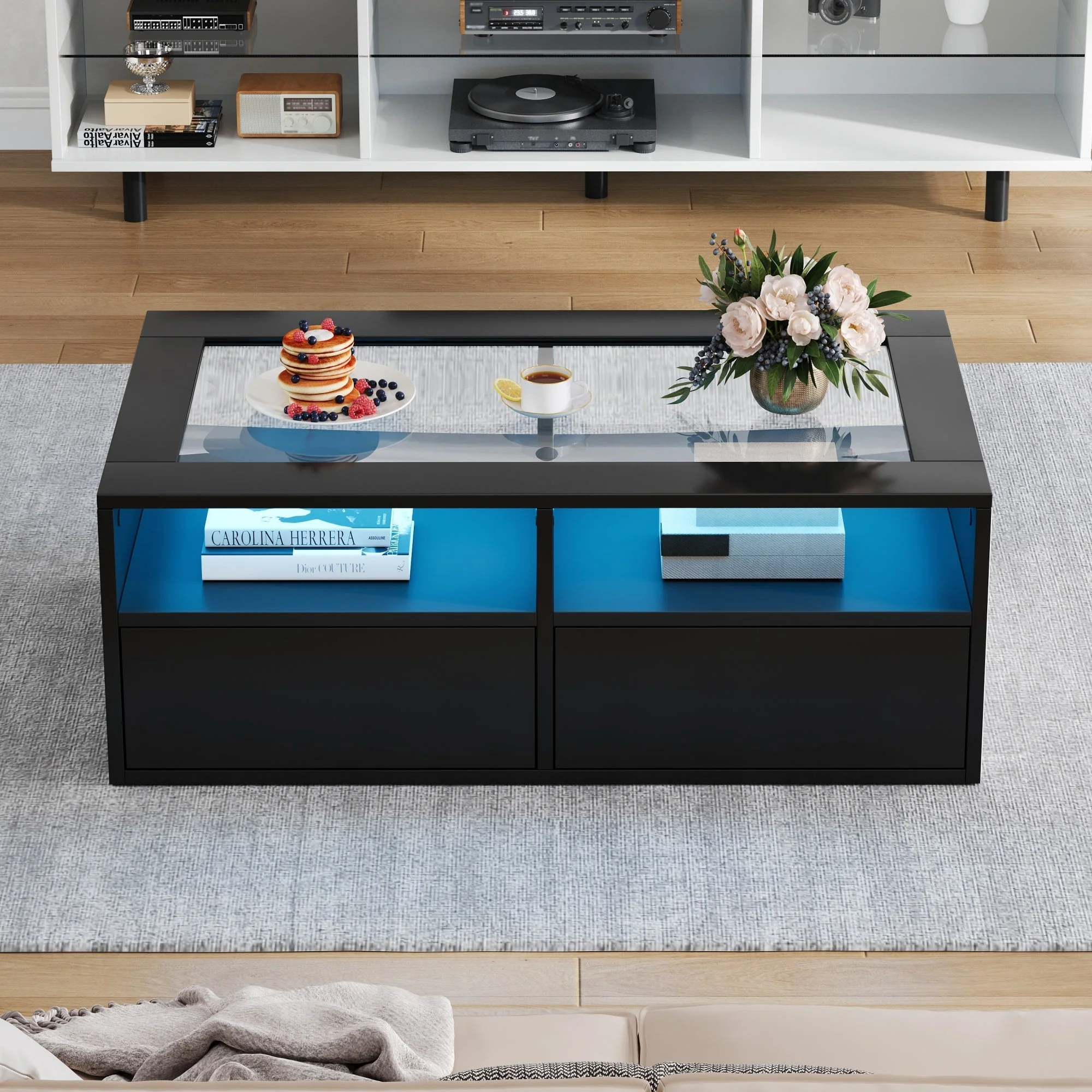 Coffee Table 100x50x35cm LED Light 2 Drawers Glass Storage Black - Image 4