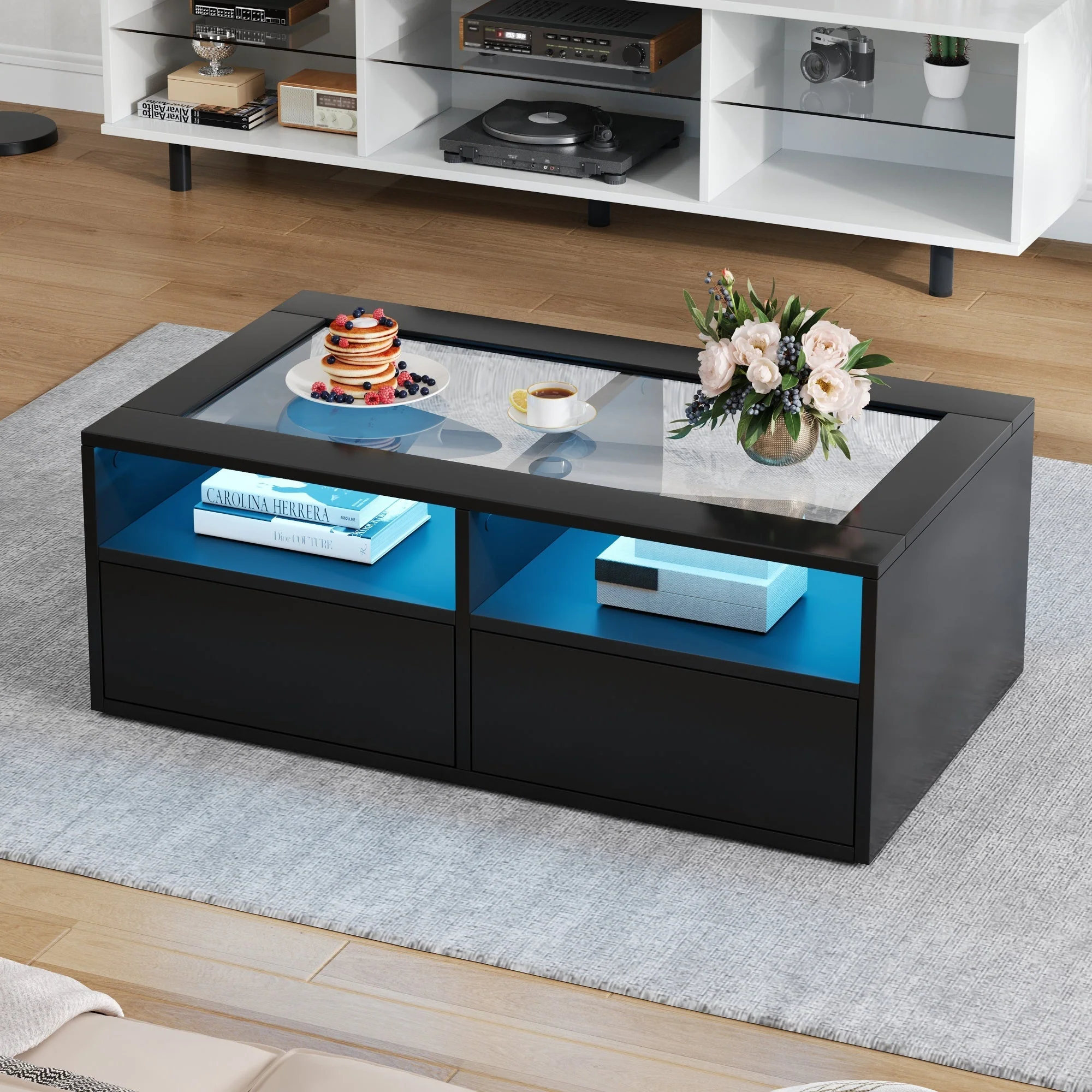Coffee Table 100x50x35cm LED Light 2 Drawers Glass Storage Black - Image 6