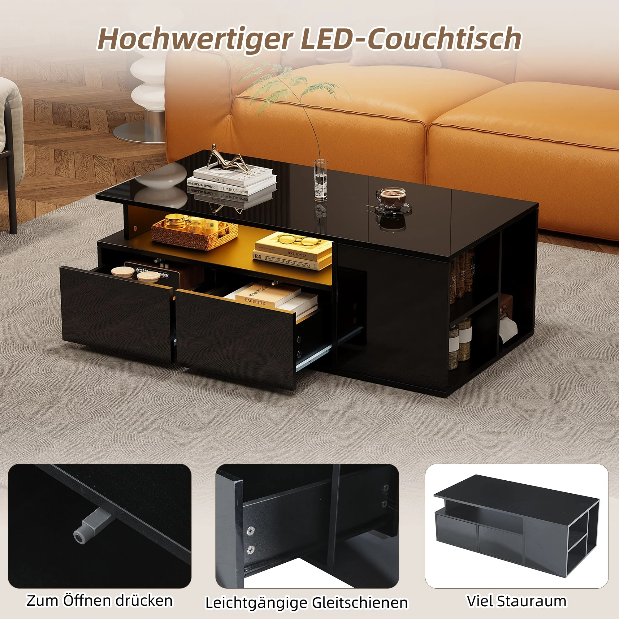 Coffee Table 100x50x35cm LED Lighting 2 Drawers 60kg Black - Image 4
