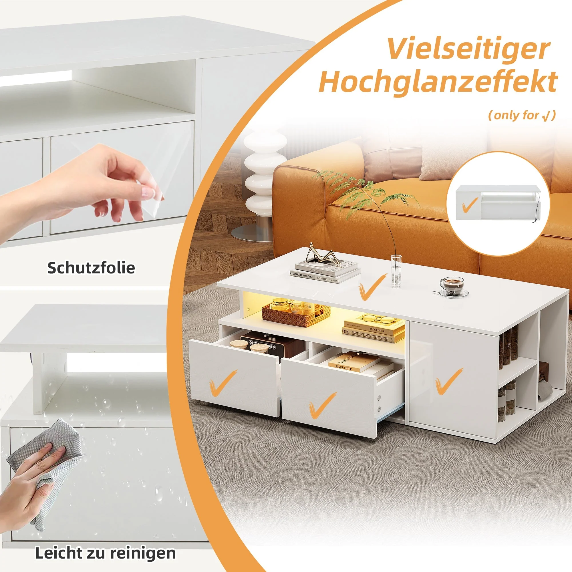 Coffee Table 100x50x35cm LED Lighting 2 Drawers, White - Image 3