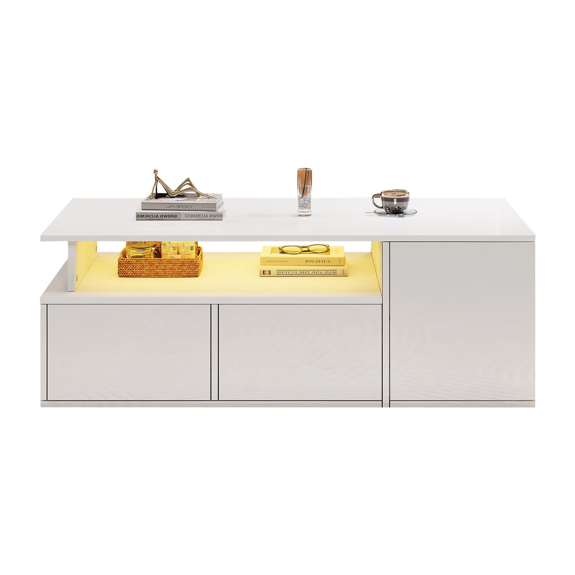 Coffee Table 100x50x35cm LED Lighting 2 Drawers, White - Image 7