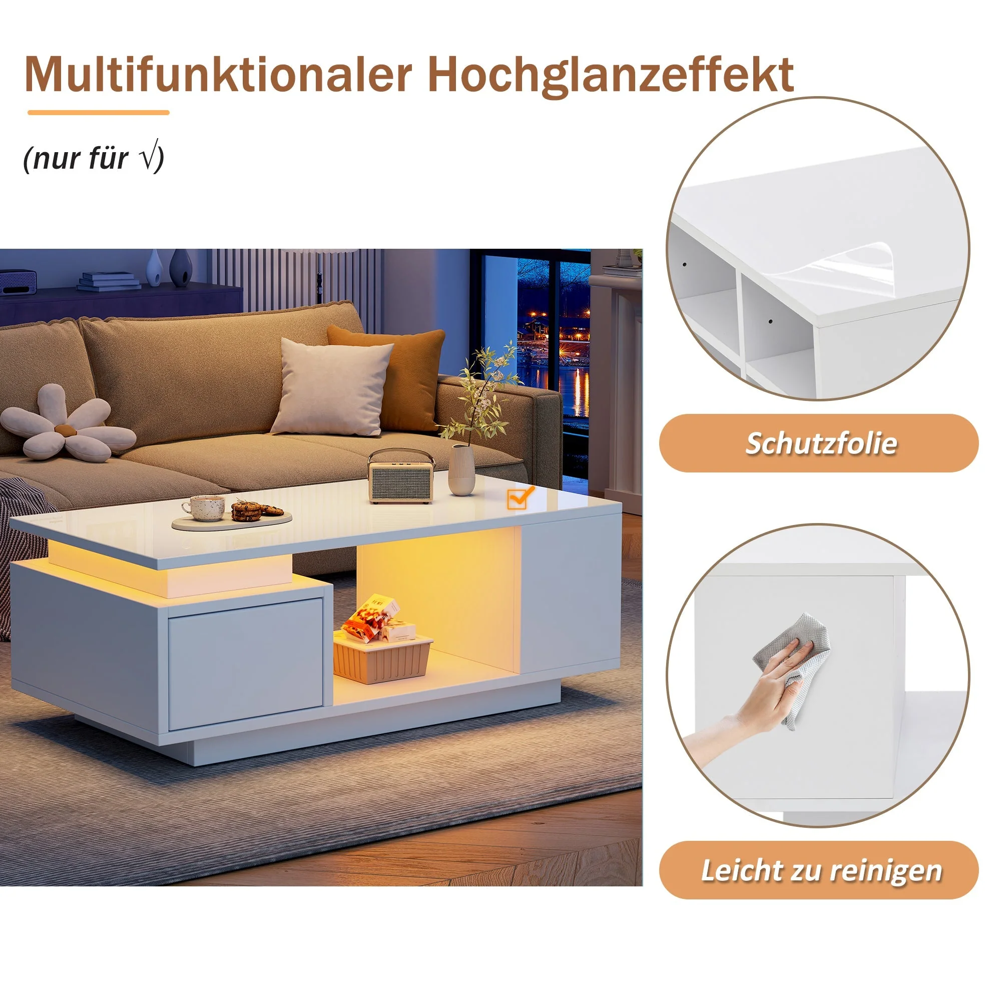 Coffee Table 100x50x36cm High-Gloss LED Side Table with Drawer and Storage White - Image 10