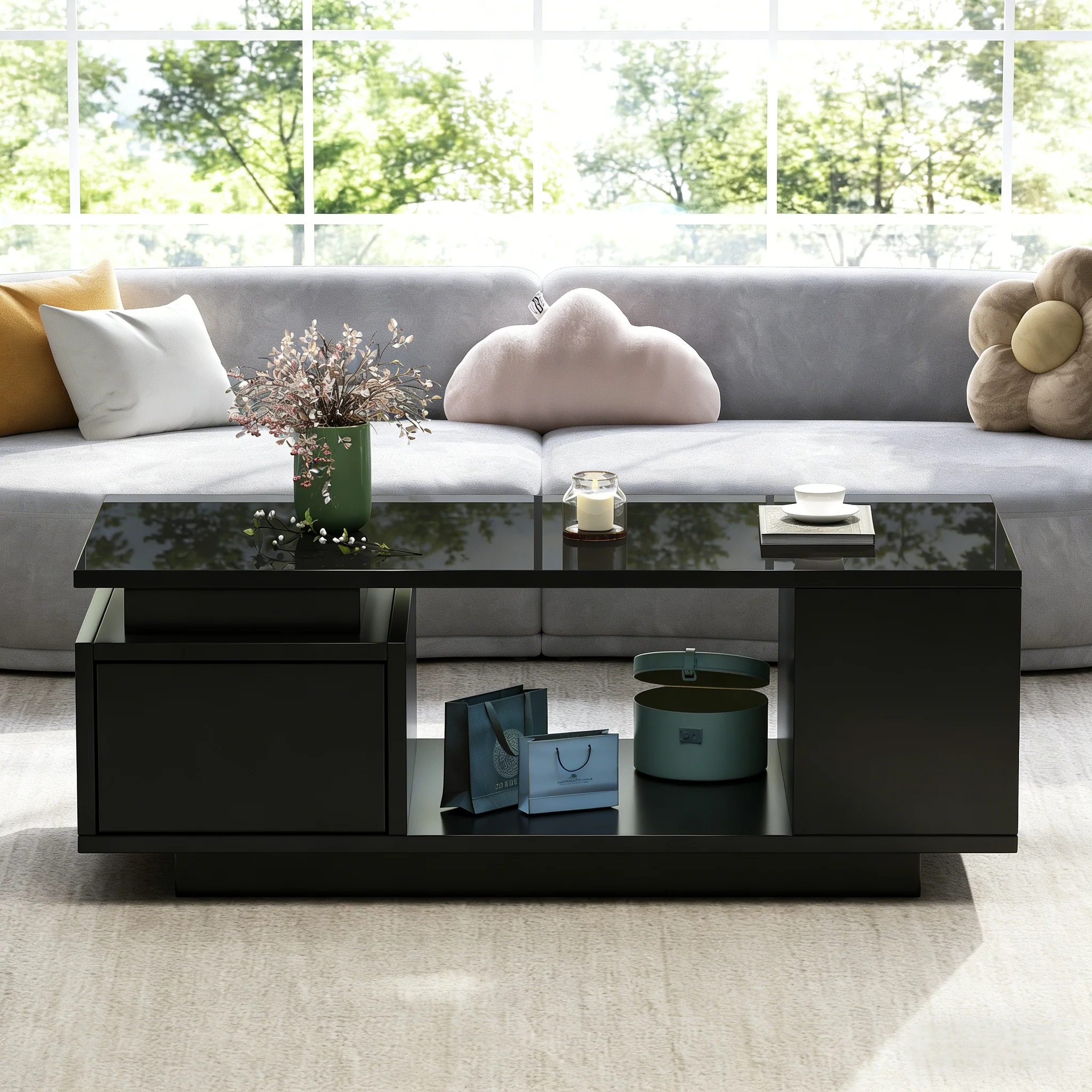 Coffee Table 100x50x36cm High-Gloss LED with Drawer Side Storage Black - Image 2