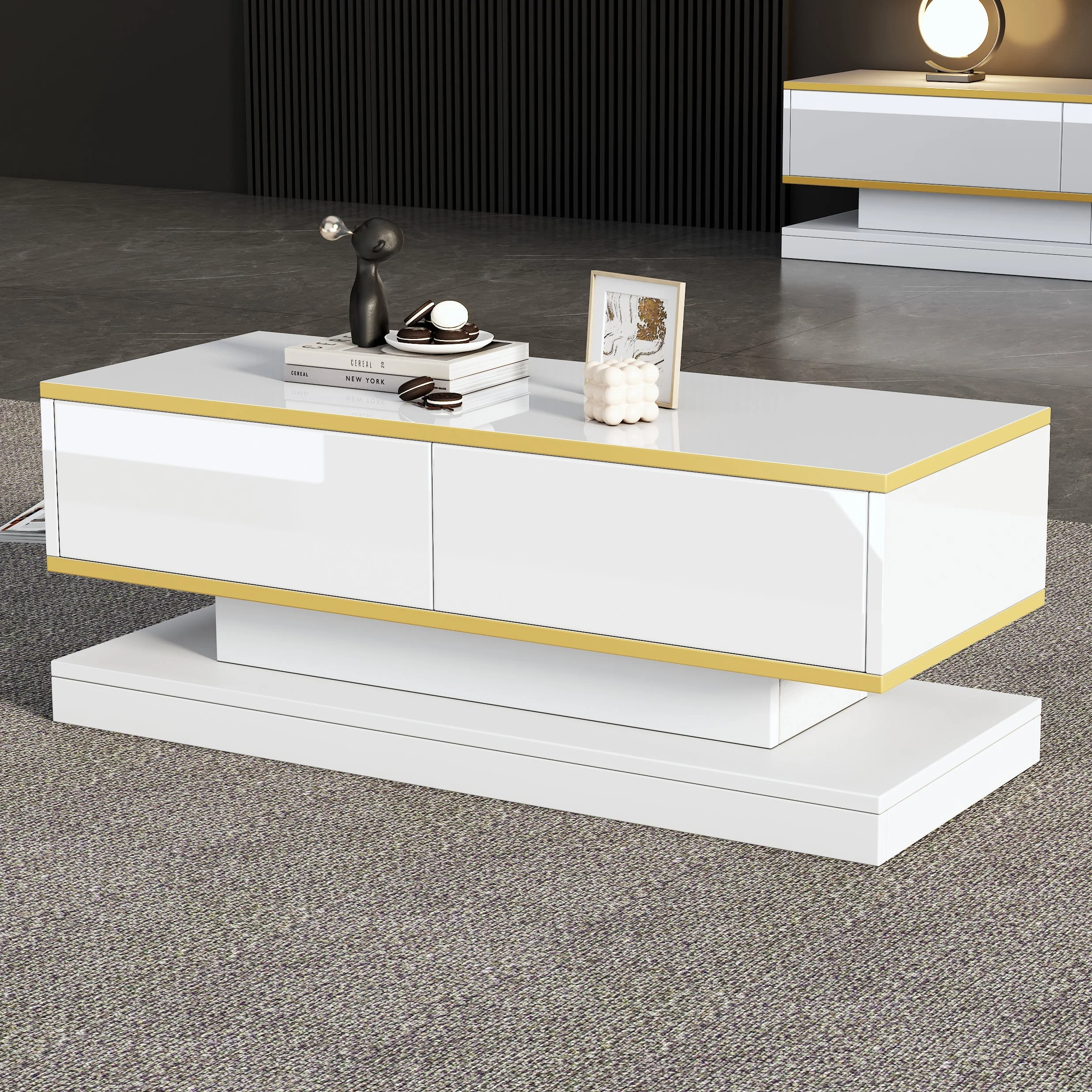 Coffee Table 100x50x38cm High Gloss with 2 Drawers, Warm White and Gold Edge - Image 2