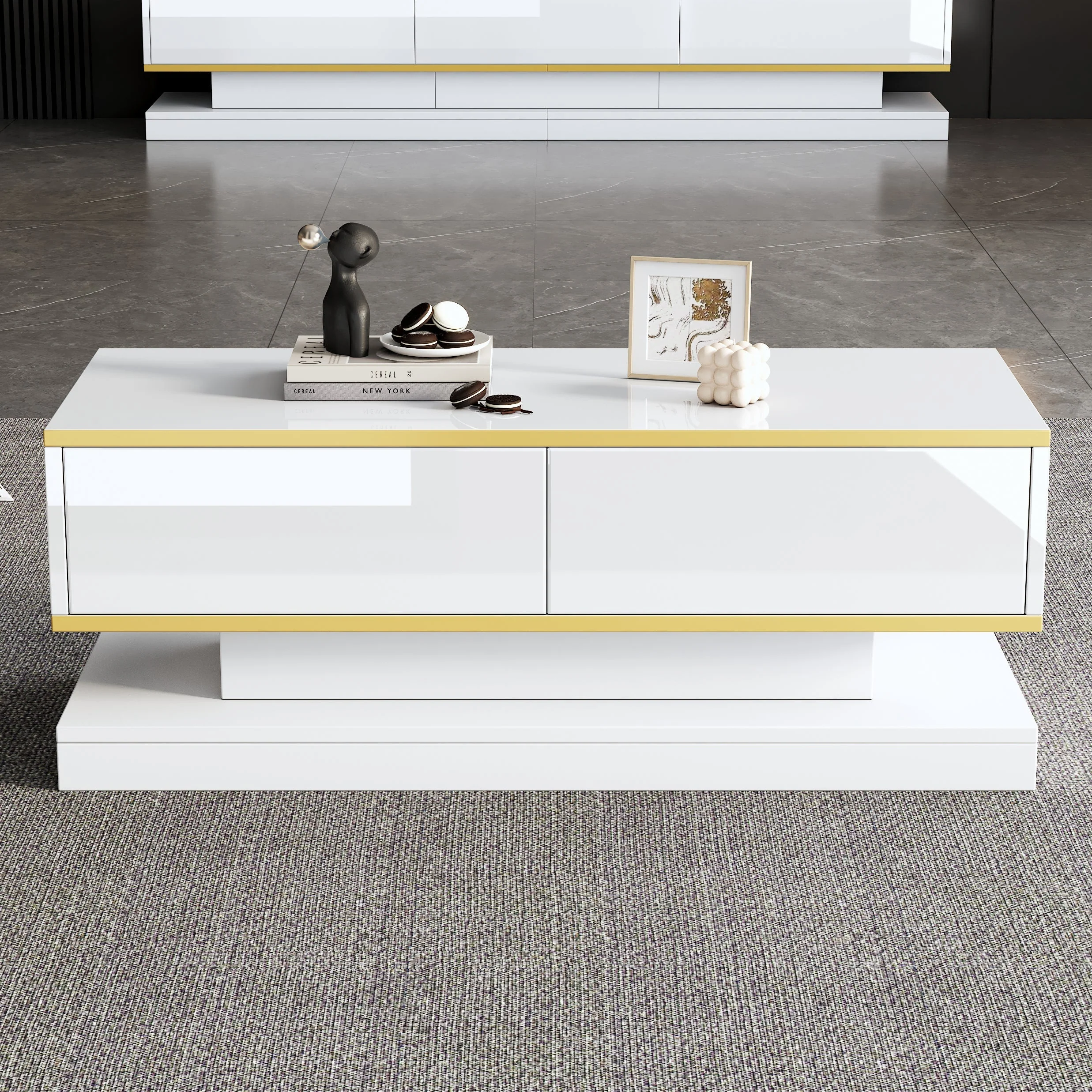 Coffee Table 100x50x38cm High Gloss with 2 Drawers, Warm White and Gold Edge - Image 3