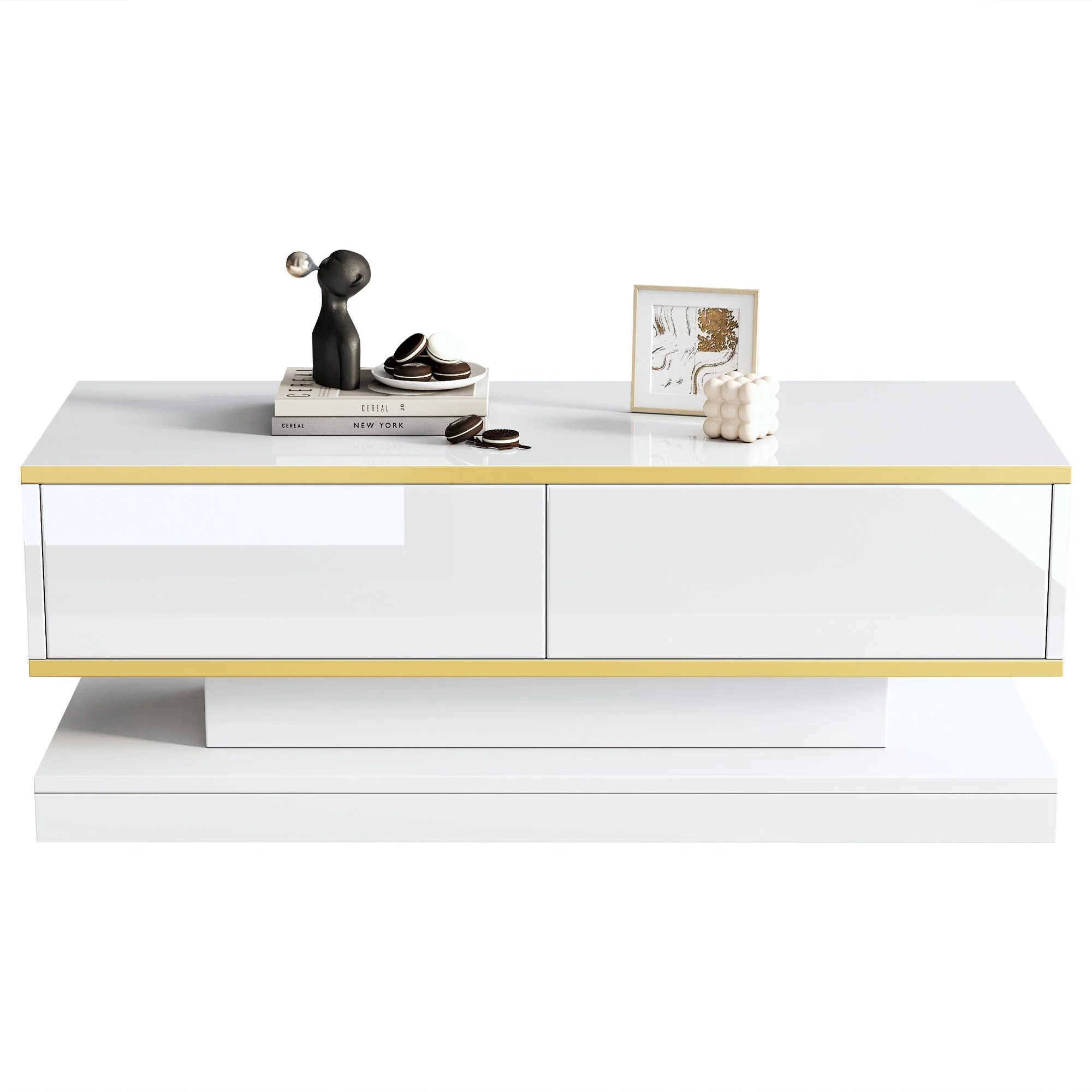 Coffee Table 100x50x38cm High Gloss with 2 Drawers, Warm White and Gold Edge - Image 4