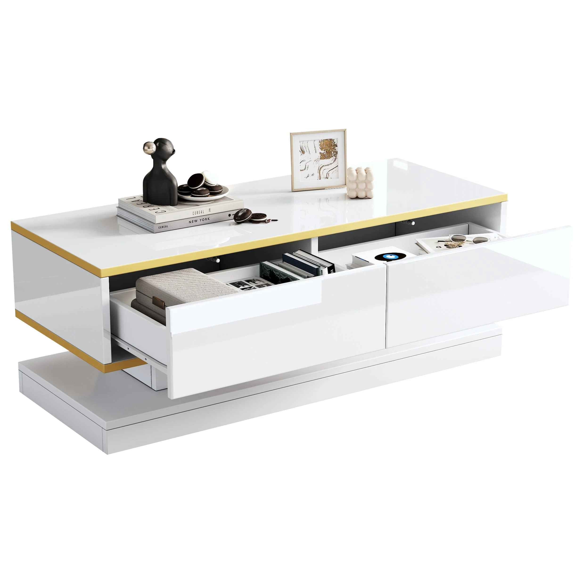 Coffee Table 100x50x38cm High Gloss with 2 Drawers, Warm White and Gold Edge - Image 6