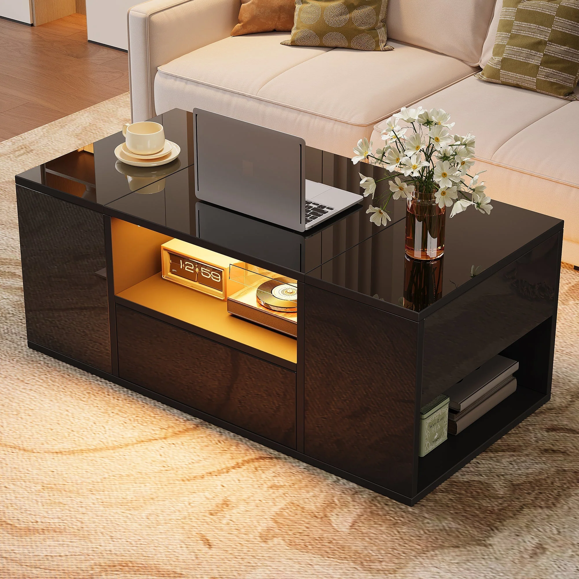 Coffee Table 100x50x40cm High-Gloss LED 1 Drawer 2 Cabinets - Black - Image 3