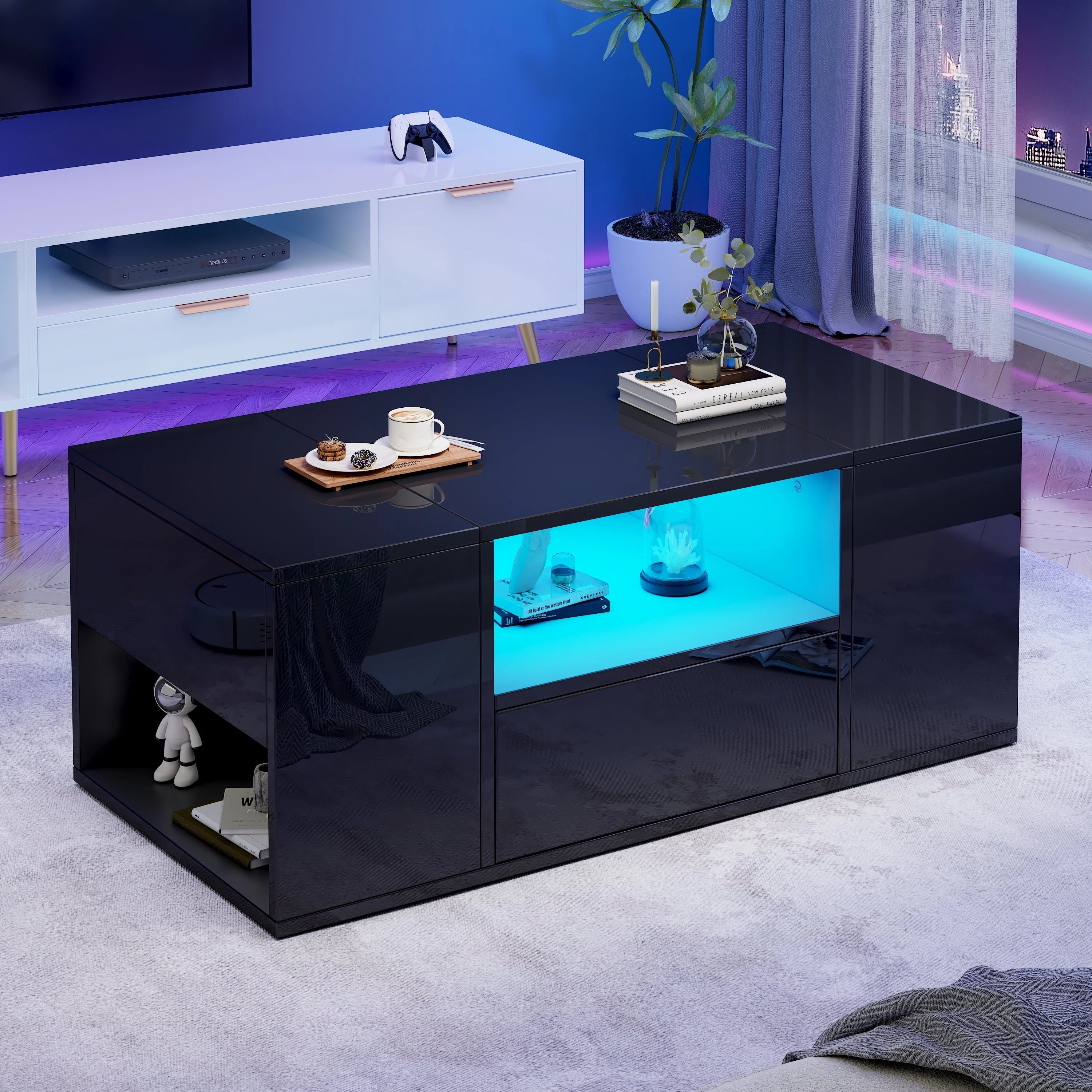 Coffee Table 100x50x40cm High-Gloss LED 1 Drawer 2 Cabinets - Black - Image 5