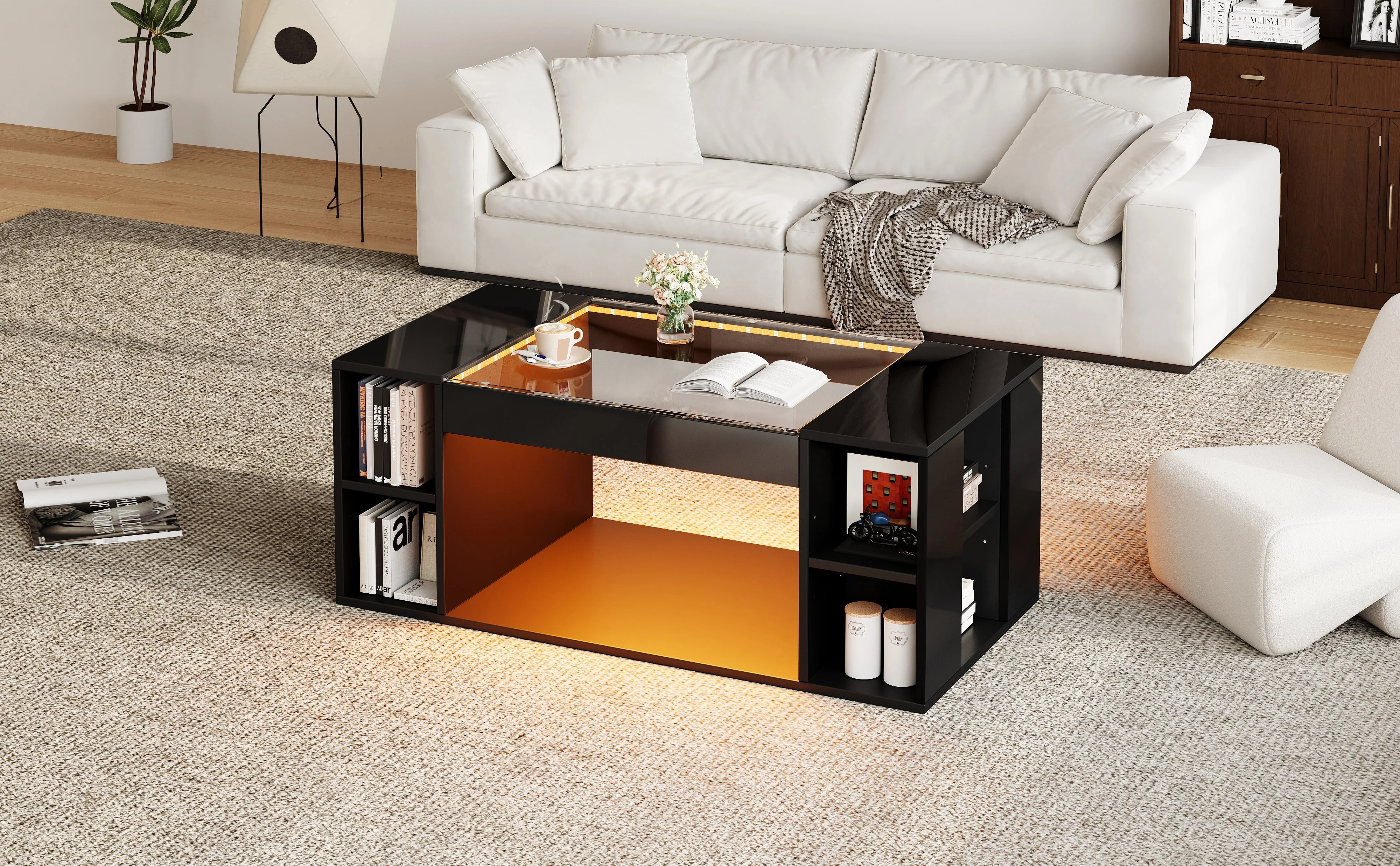 Coffee Table 100x50x40cm LED High-Gloss Tempered Glass Black - Image 9