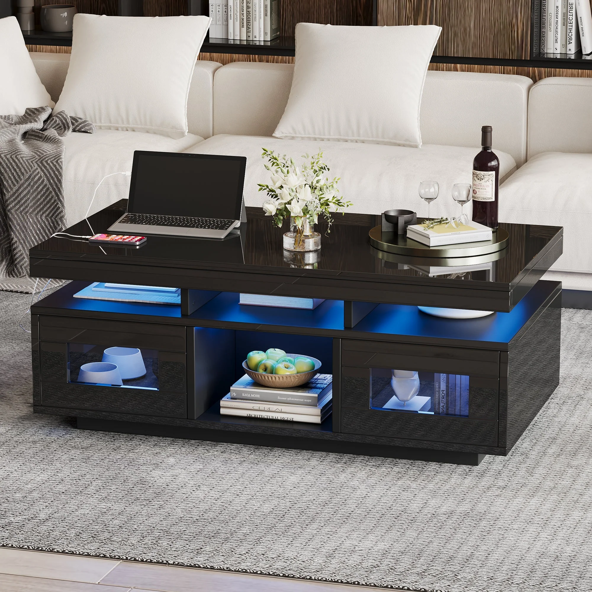 Coffee Table 100x50x43cm High-Gloss LED Lights Charging Port Black - Image 2