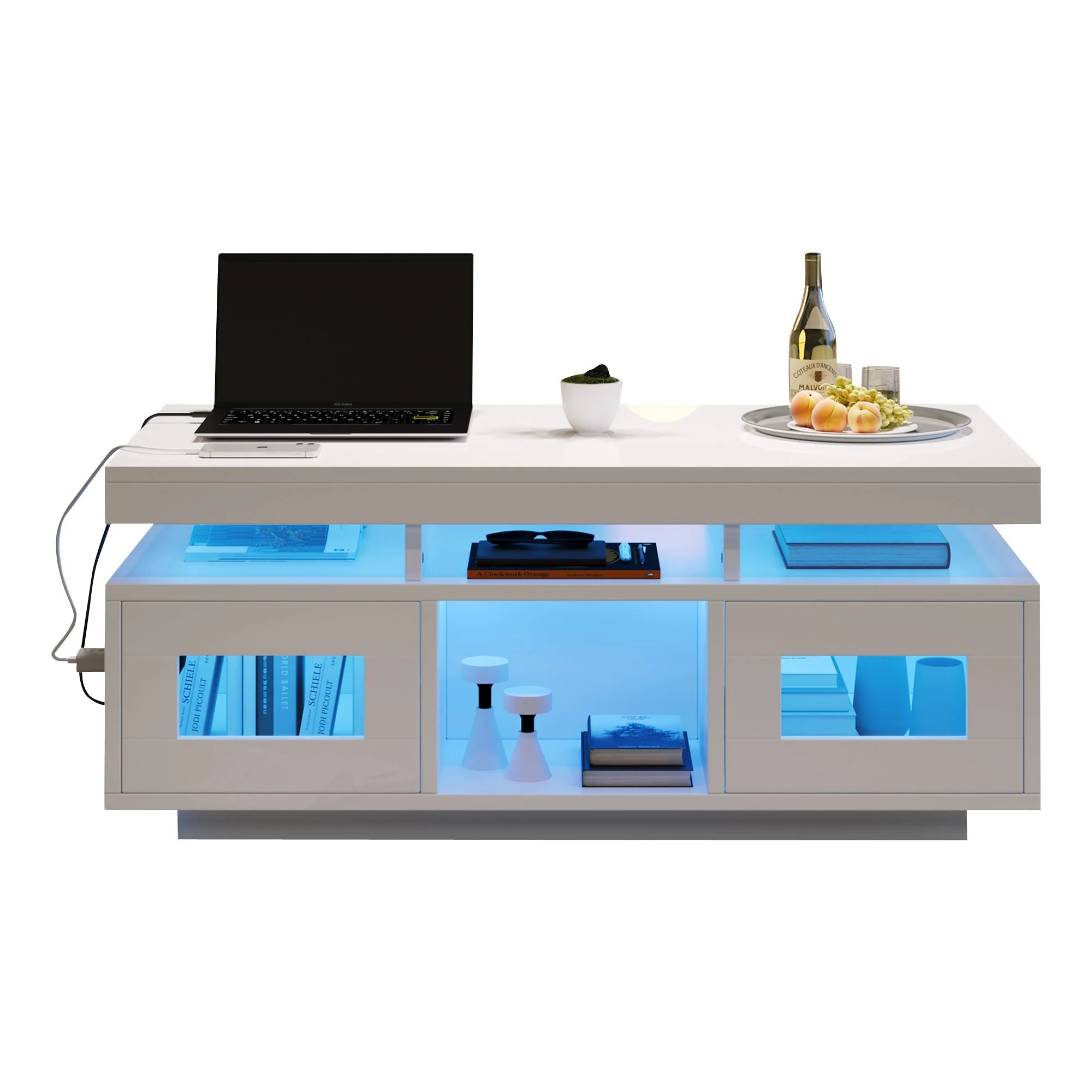 Coffee Table 100x50x43cm LED Lights Charging Port High-Gloss White - Image 2