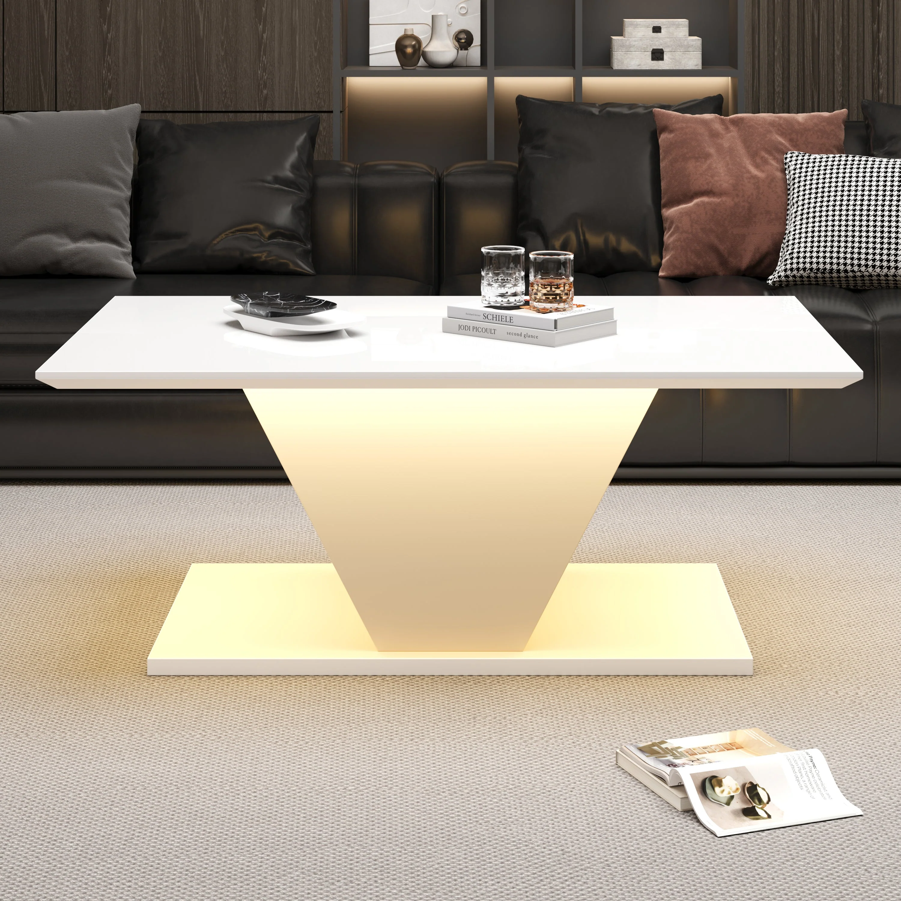 Coffee Table 100x50x46cm Special Shape LED High-Gloss White V-Shape - Image 2