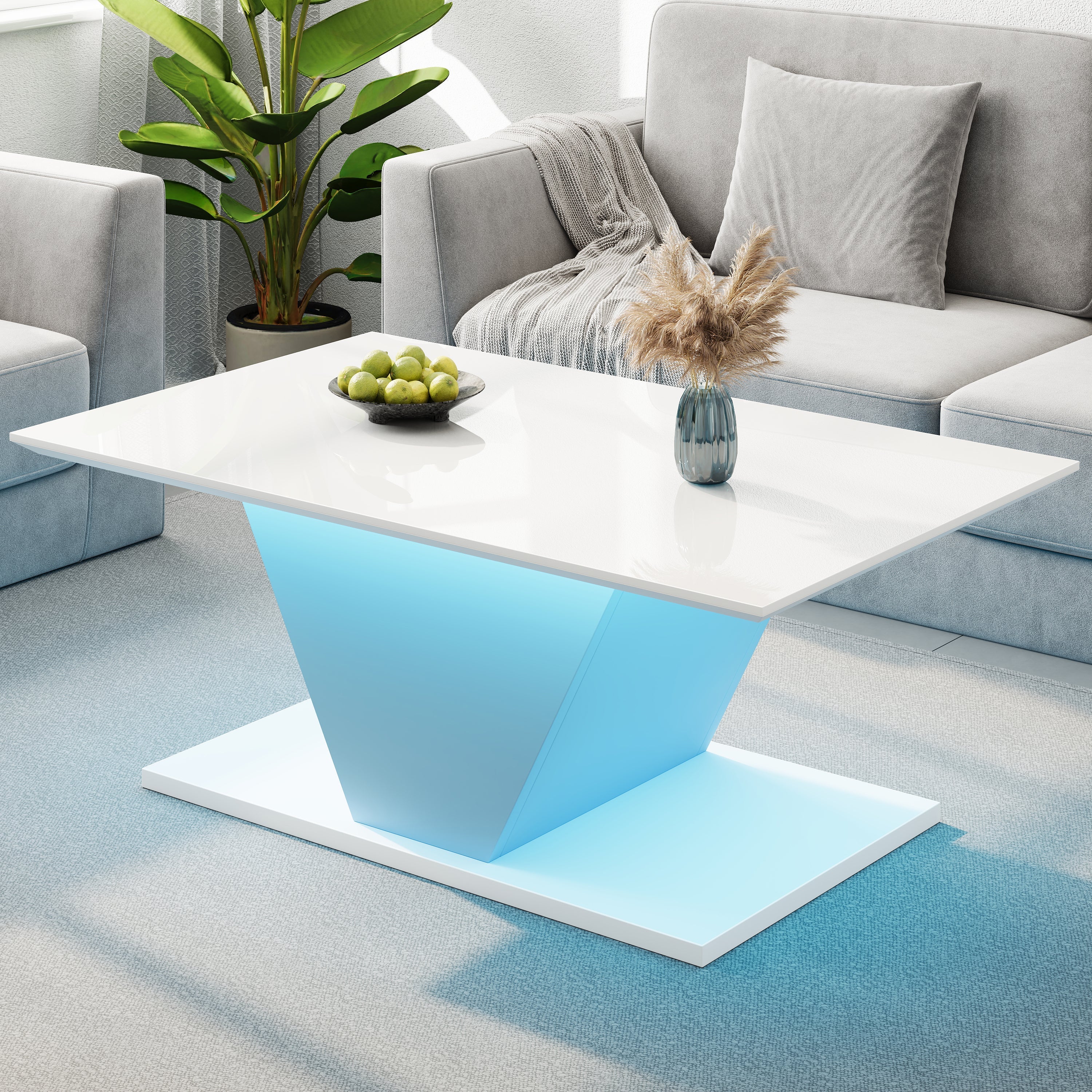 Coffee Table 100x50x46cm Special Shape LED High-Gloss White V-Shape - Image 4