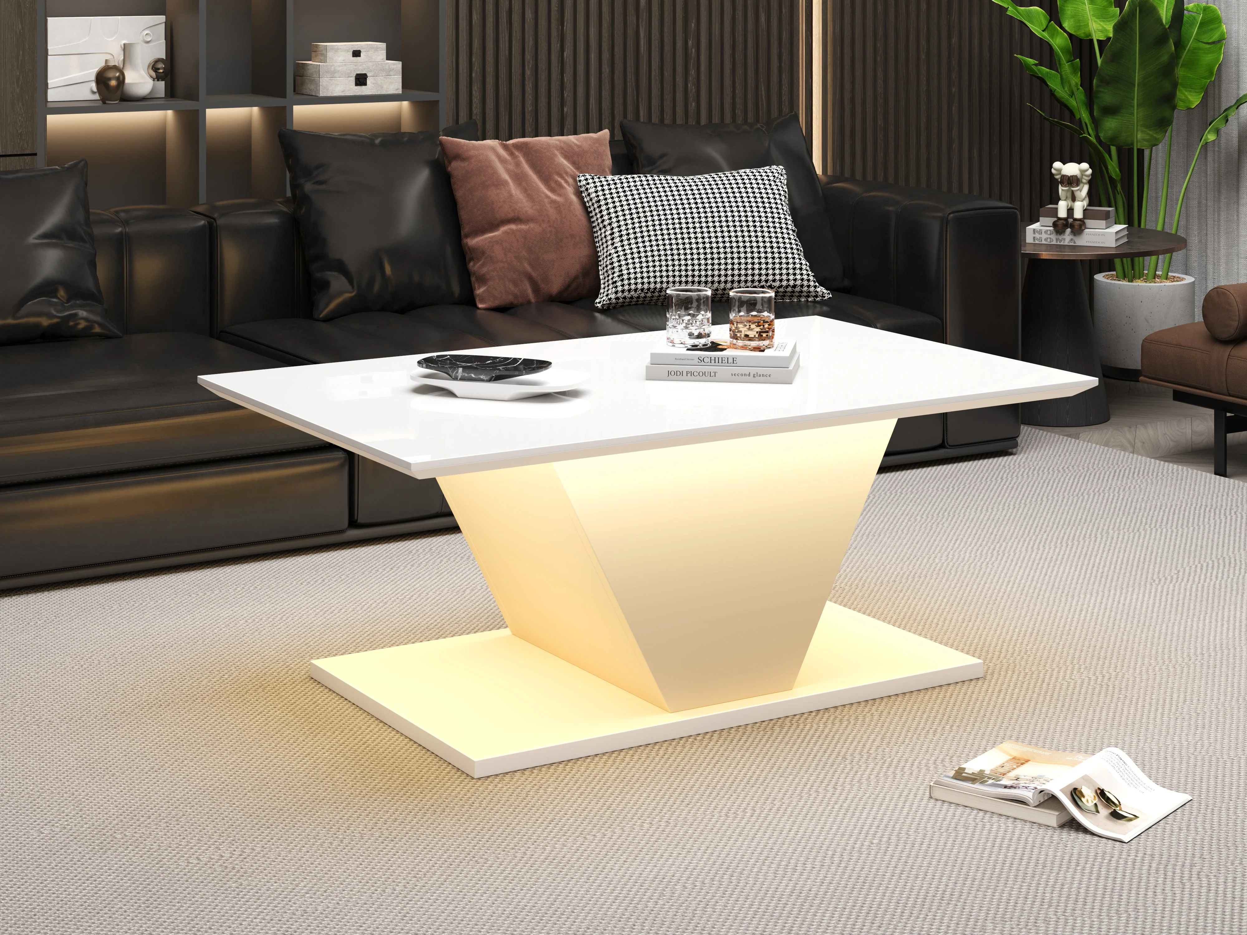 Coffee Table 100x50x46cm Special Shape LED High-Gloss White V-Shape - Image 5