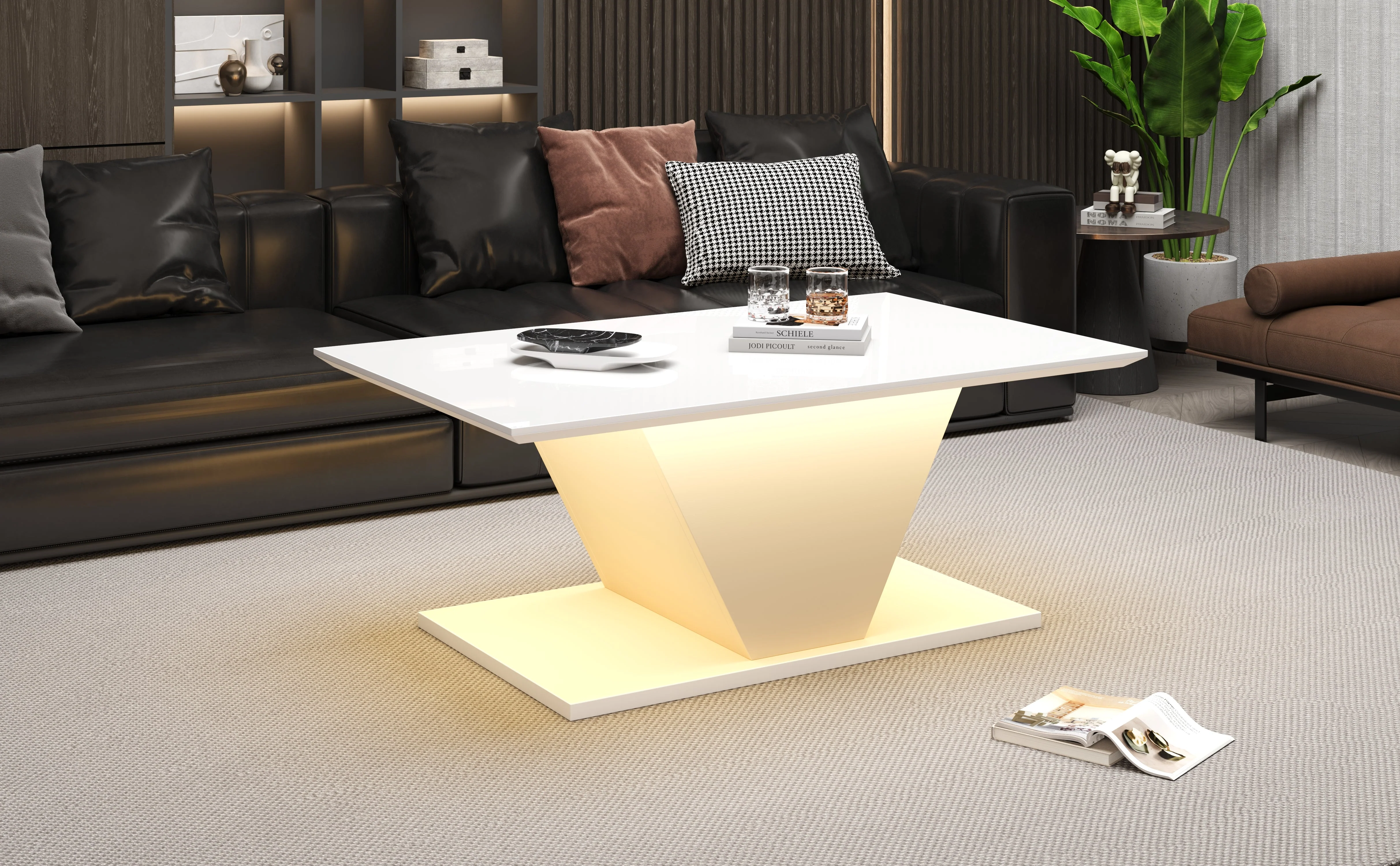 Coffee Table 100x50x46cm Special Shape LED High-Gloss White V-Shape - Image 7