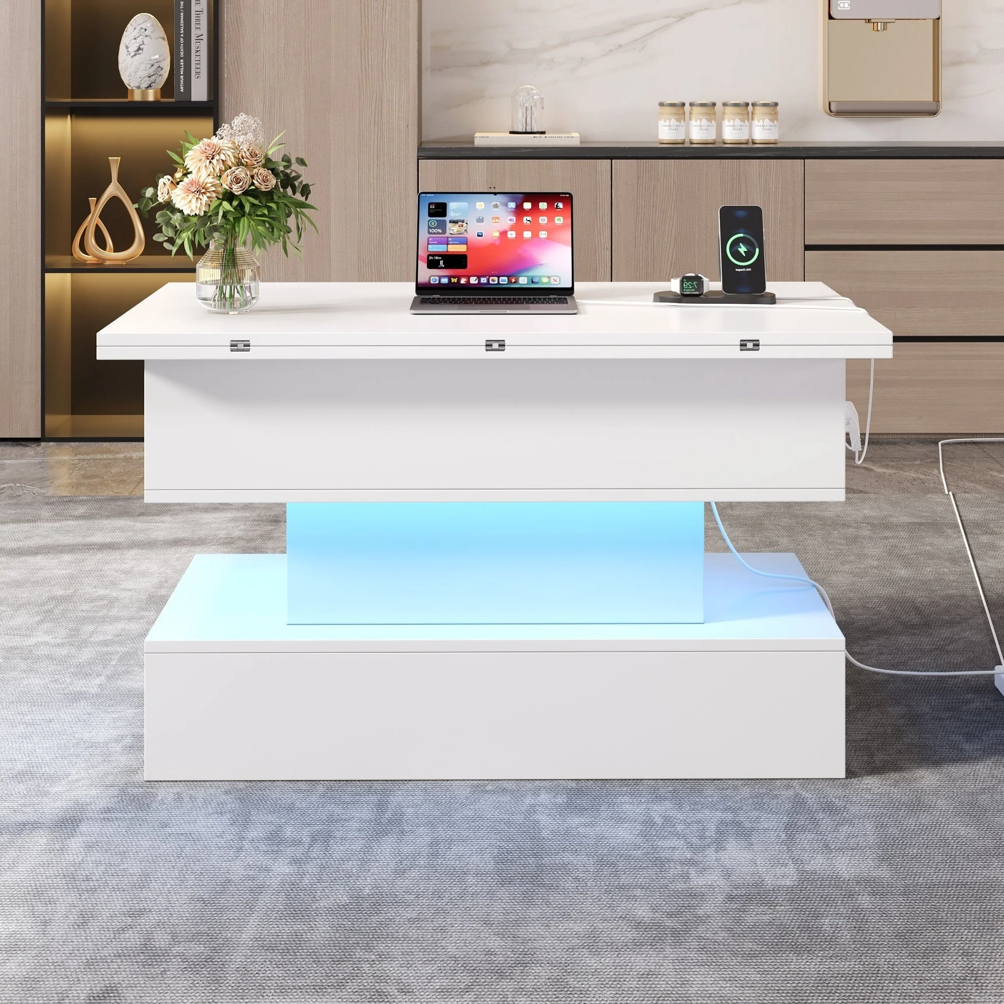 Coffee Table 100x50x51.5cm Lift-Top LED USB Power Outlet Storage, White - Image 2