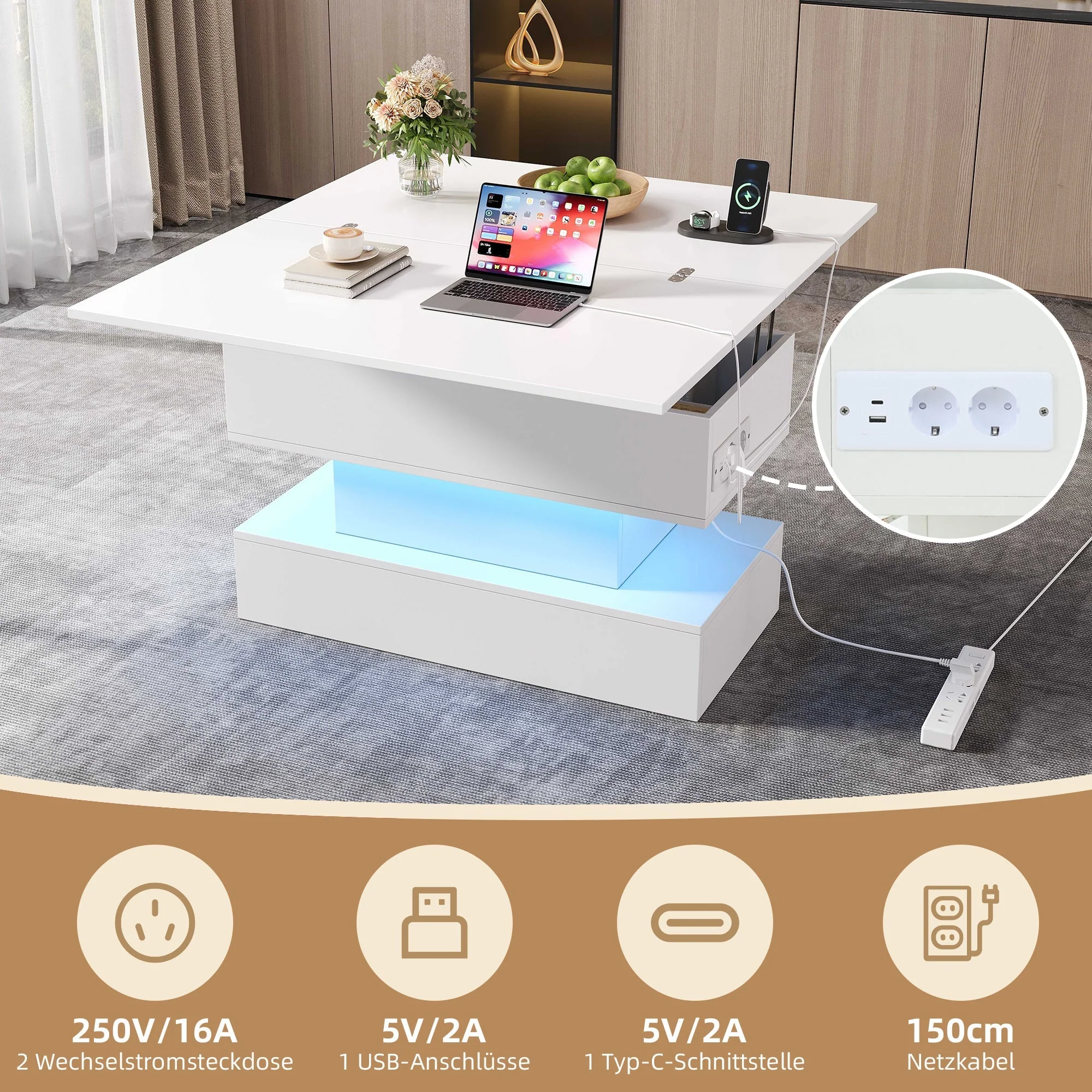 Coffee Table 100x50x51.5cm Lift-Top LED USB Power Outlet Storage, White - Image 7
