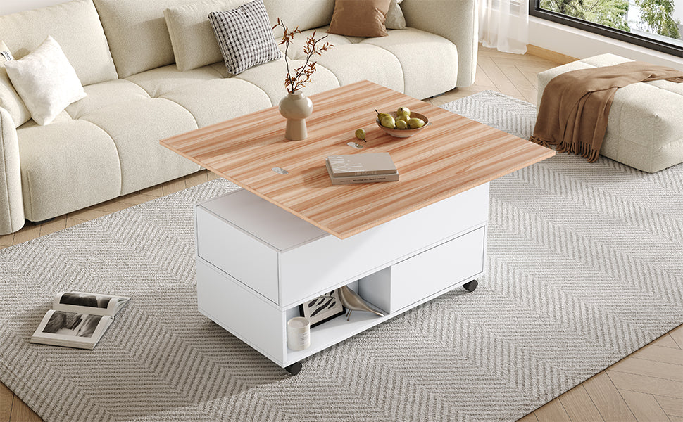Coffee Table, 100x50x52cm Lift-Top with 4 Wheels & Drawers, White & Wood - Image 5