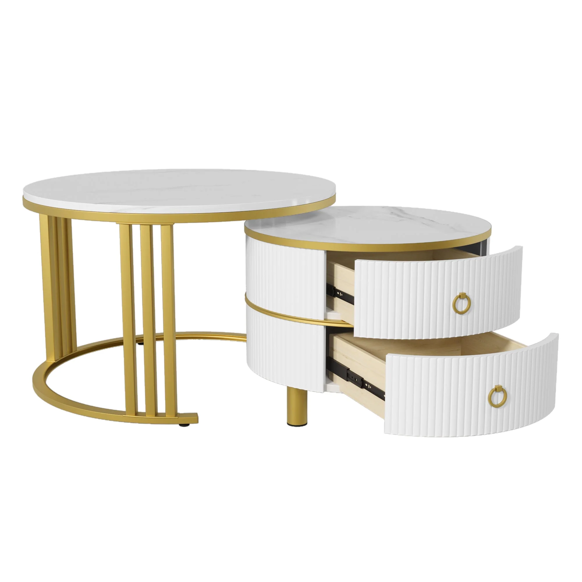 Coffee Table, 2-in-1 Round with 2 Drawers, White Marble & MDF - Image 8