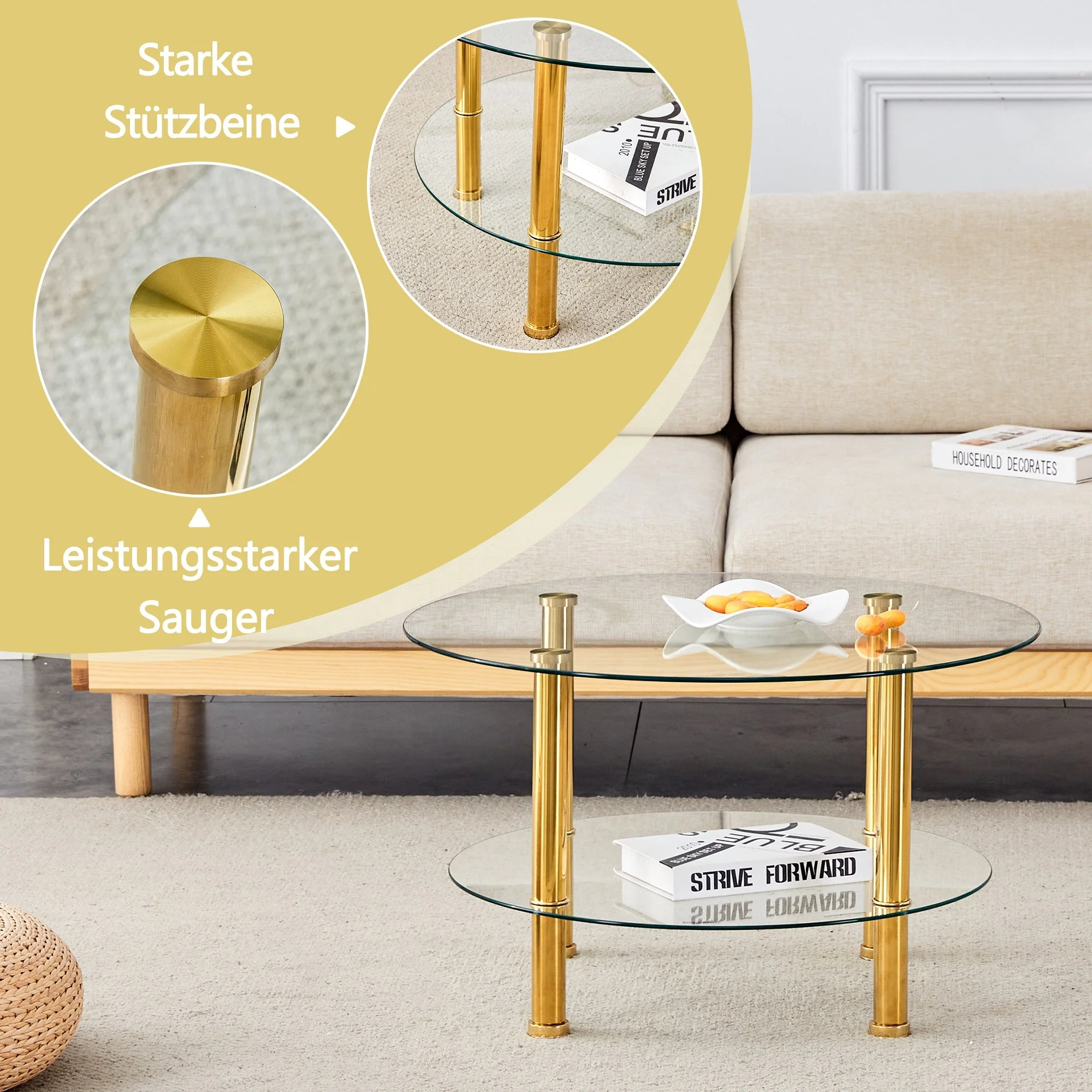 Coffee Table 2-Tiered Glass Gold Metal Legs - Image 6