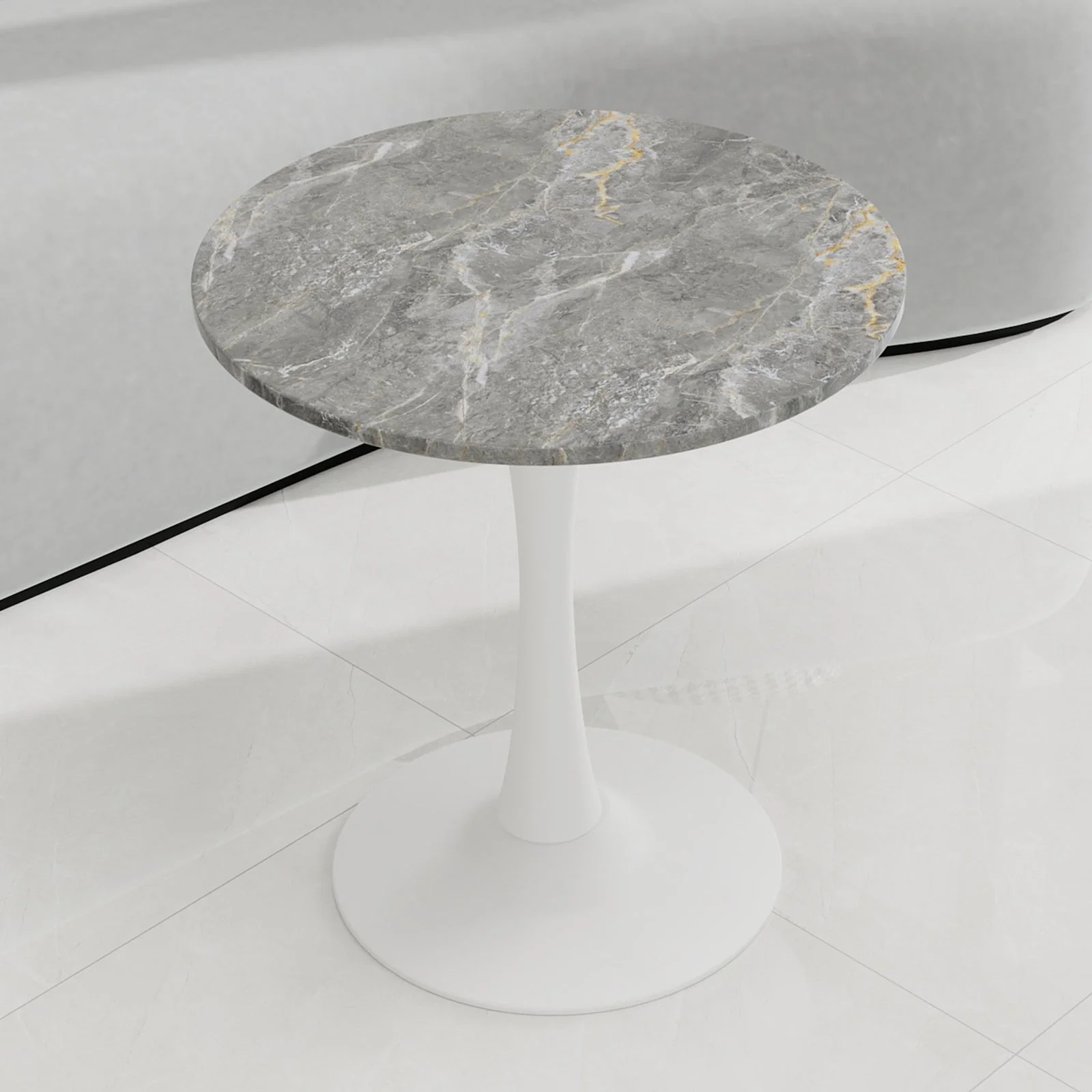 Coffee Table 27.6-inch Round Marble Top Mid-Century Modern - White/Gray Veined Finish - Image 10