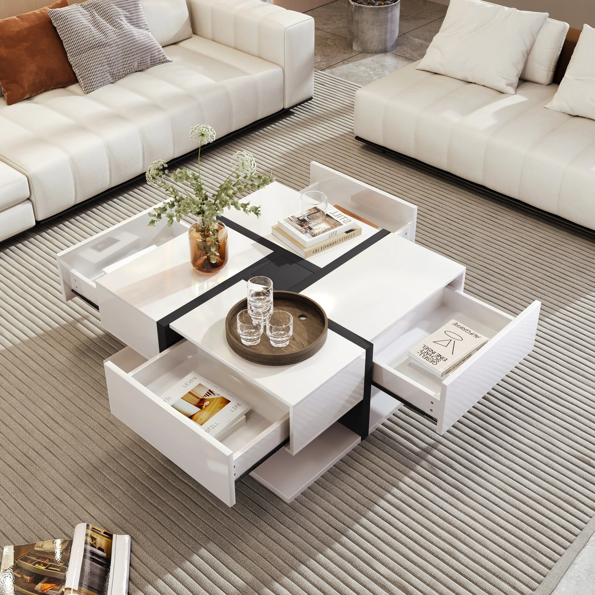 Coffee Table, 4-Drawer High-Gloss with Storage, White and Black - Image 8