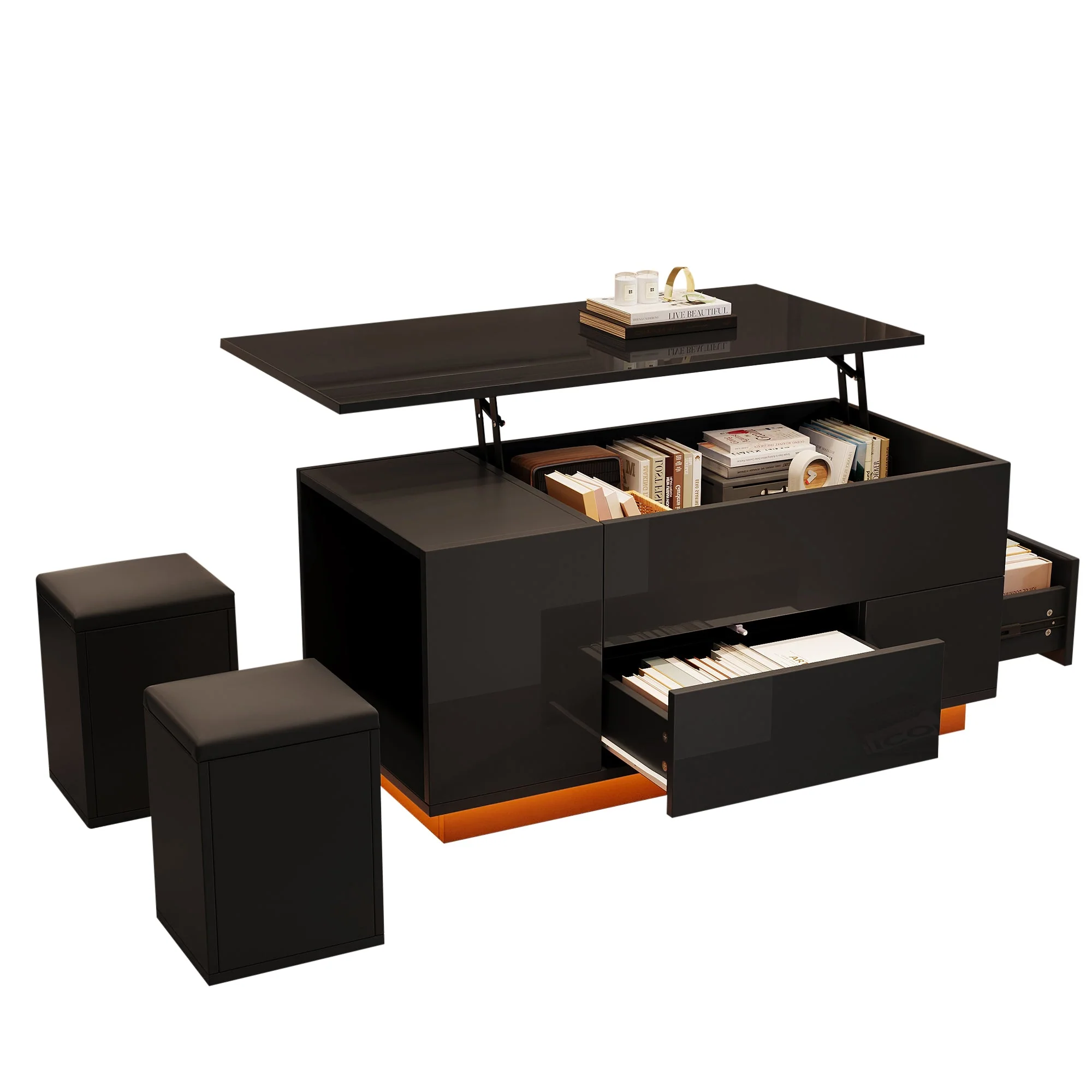 Coffee Table, 4-in-1 Height Adjustable LED with 2 Drawers, High-Gloss Black - Image 10