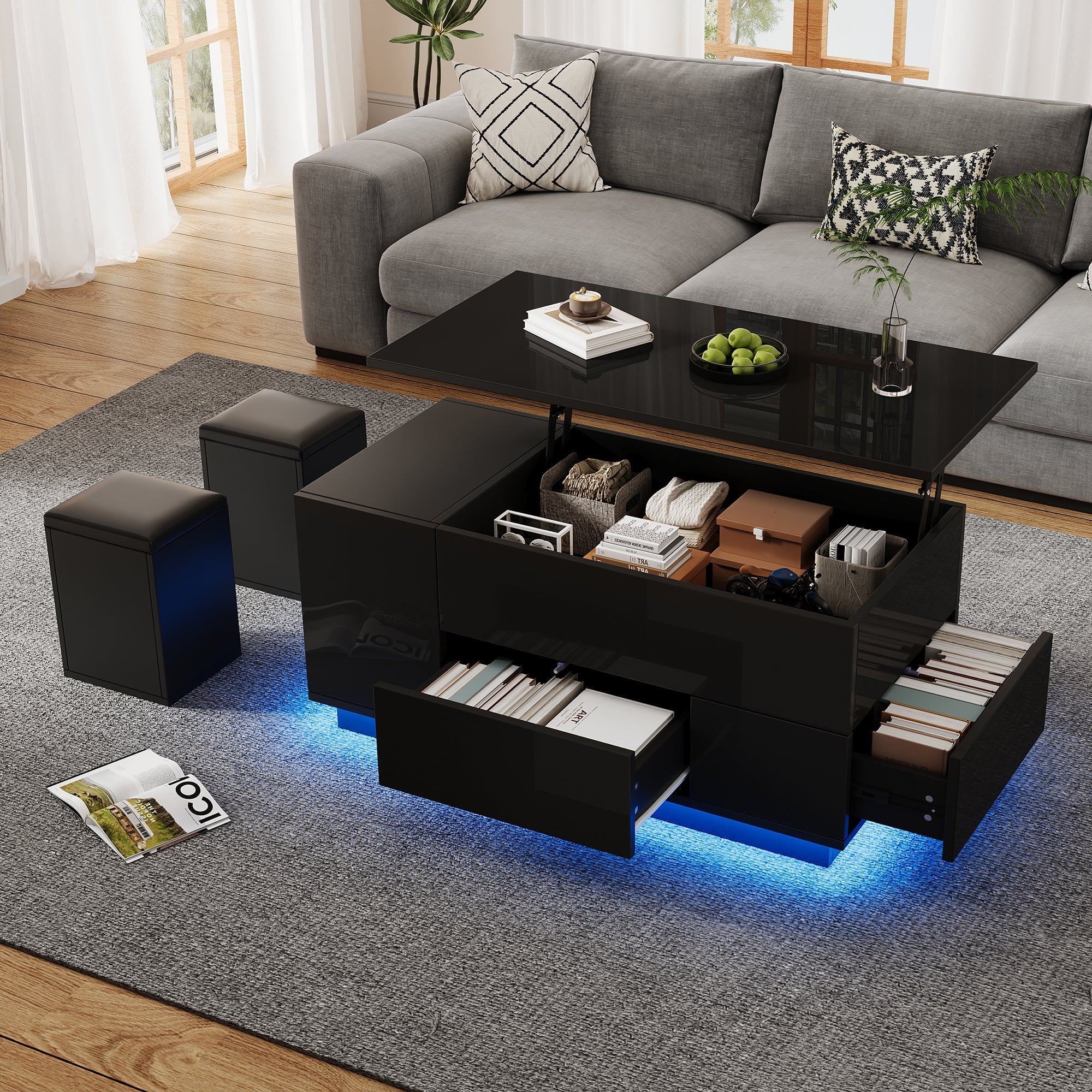 Coffee Table, 4-in-1 Height Adjustable LED with 2 Drawers, High-Gloss Black - Image 2