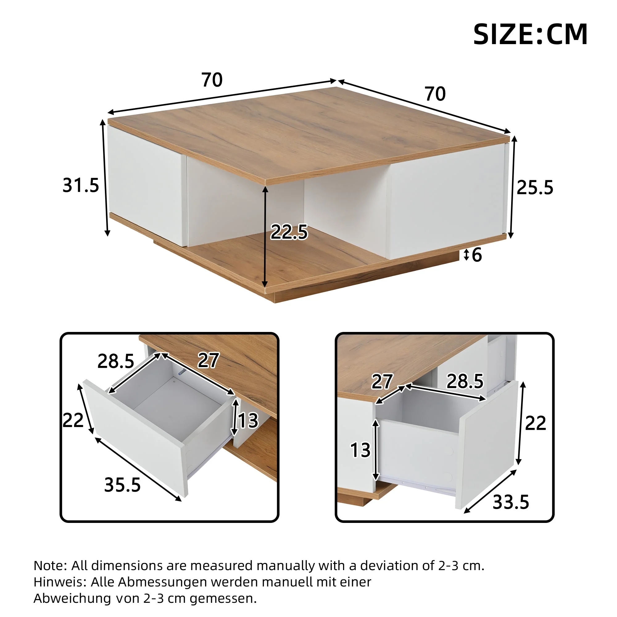 Coffee Table 70x70x31.5cm, 3 Drawers, High-Gloss, White & Original Wood Color - Image 7