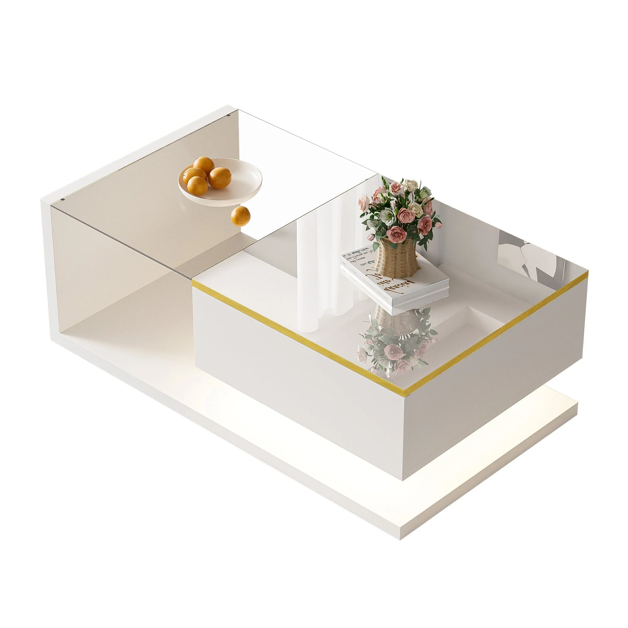 Coffee Table 90cm, High-Gloss White with Glass & LED Effect - Image 2