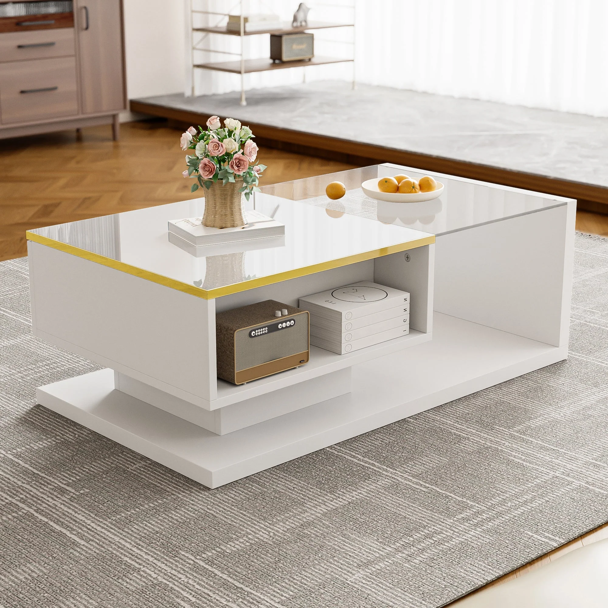 Coffee Table 90cm, High-Gloss White with Glass & LED Effect - Image 3