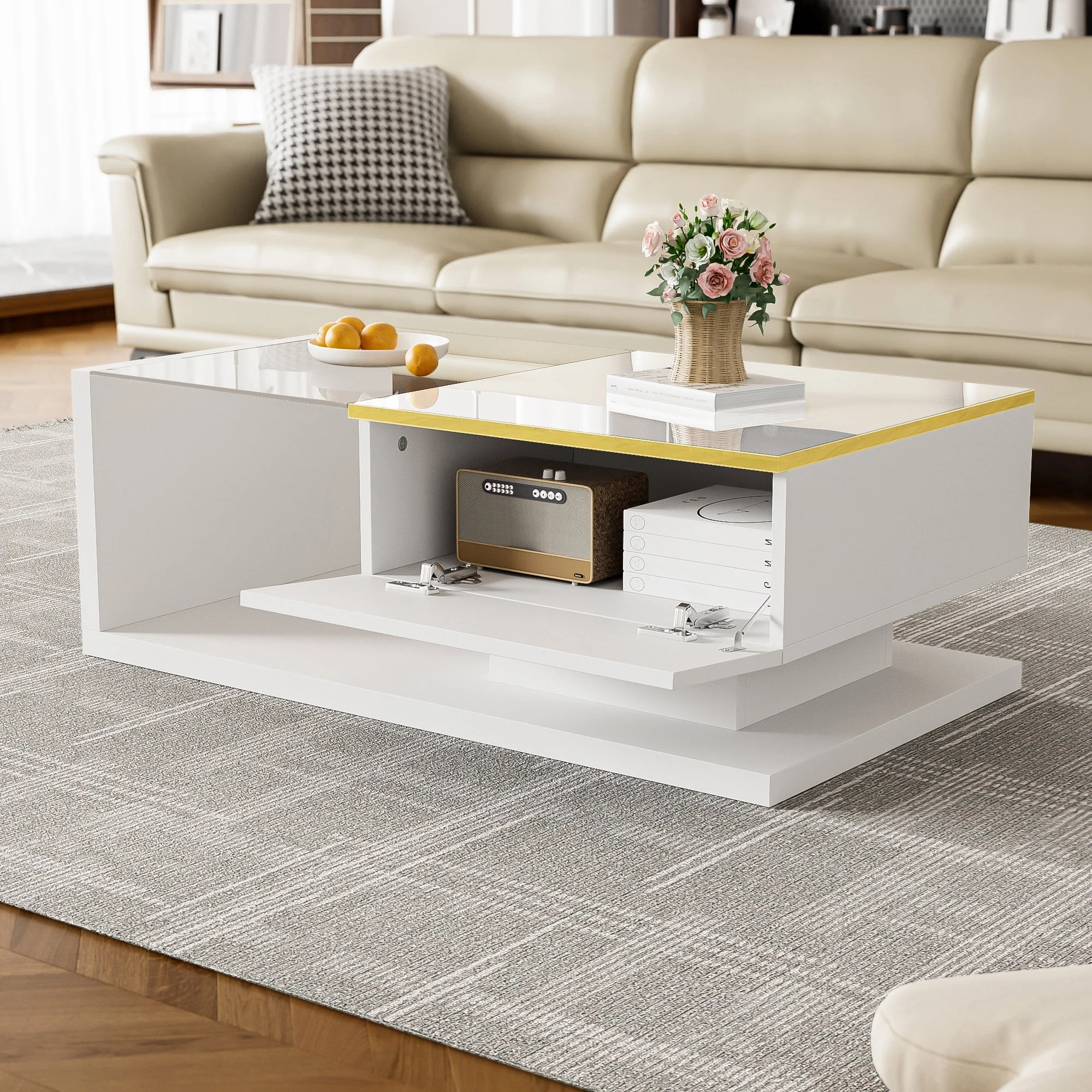 Coffee Table 90cm, High-Gloss White with Glass & LED Effect - Image 4