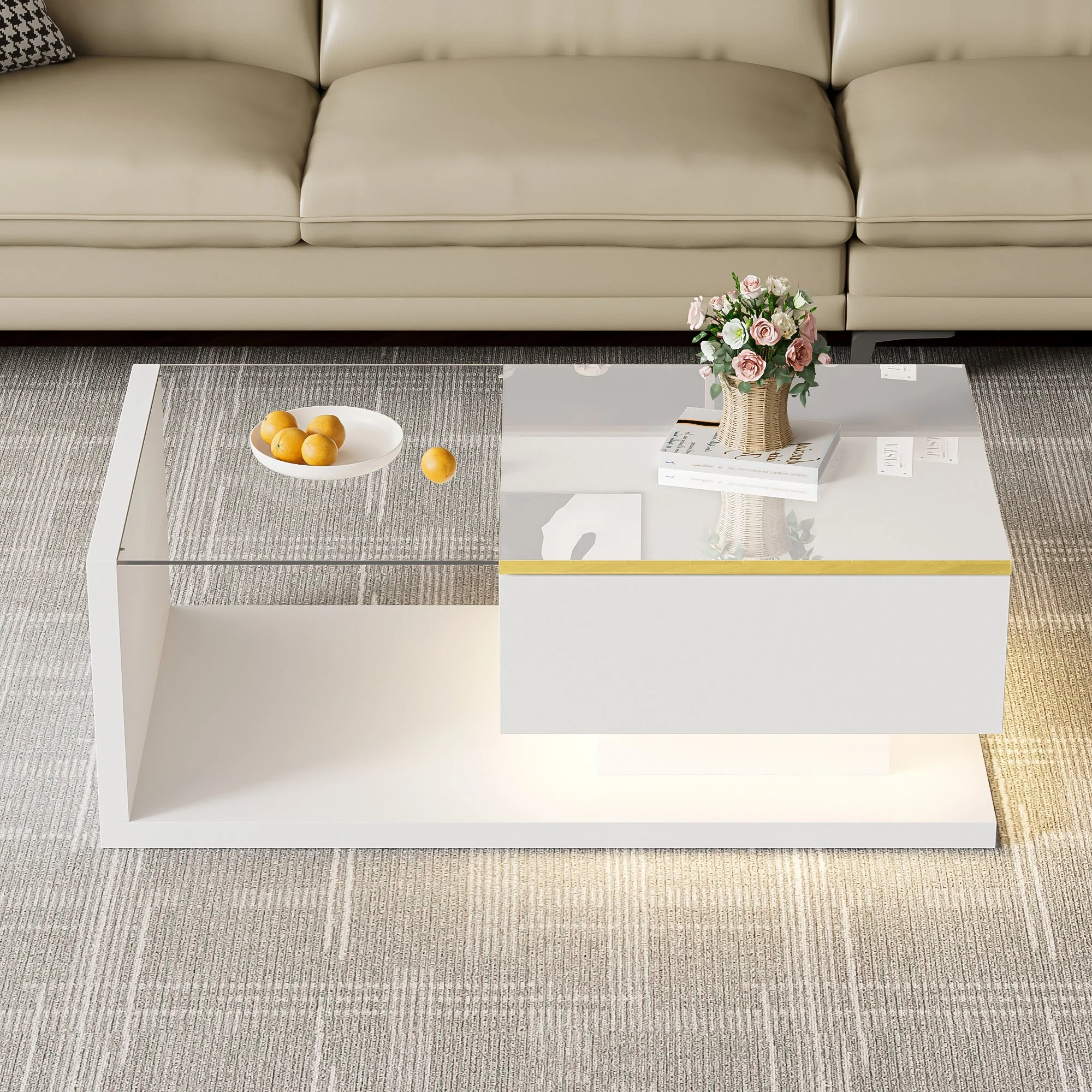 Coffee Table 90cm, High-Gloss White with Glass & LED Effect - Image 5