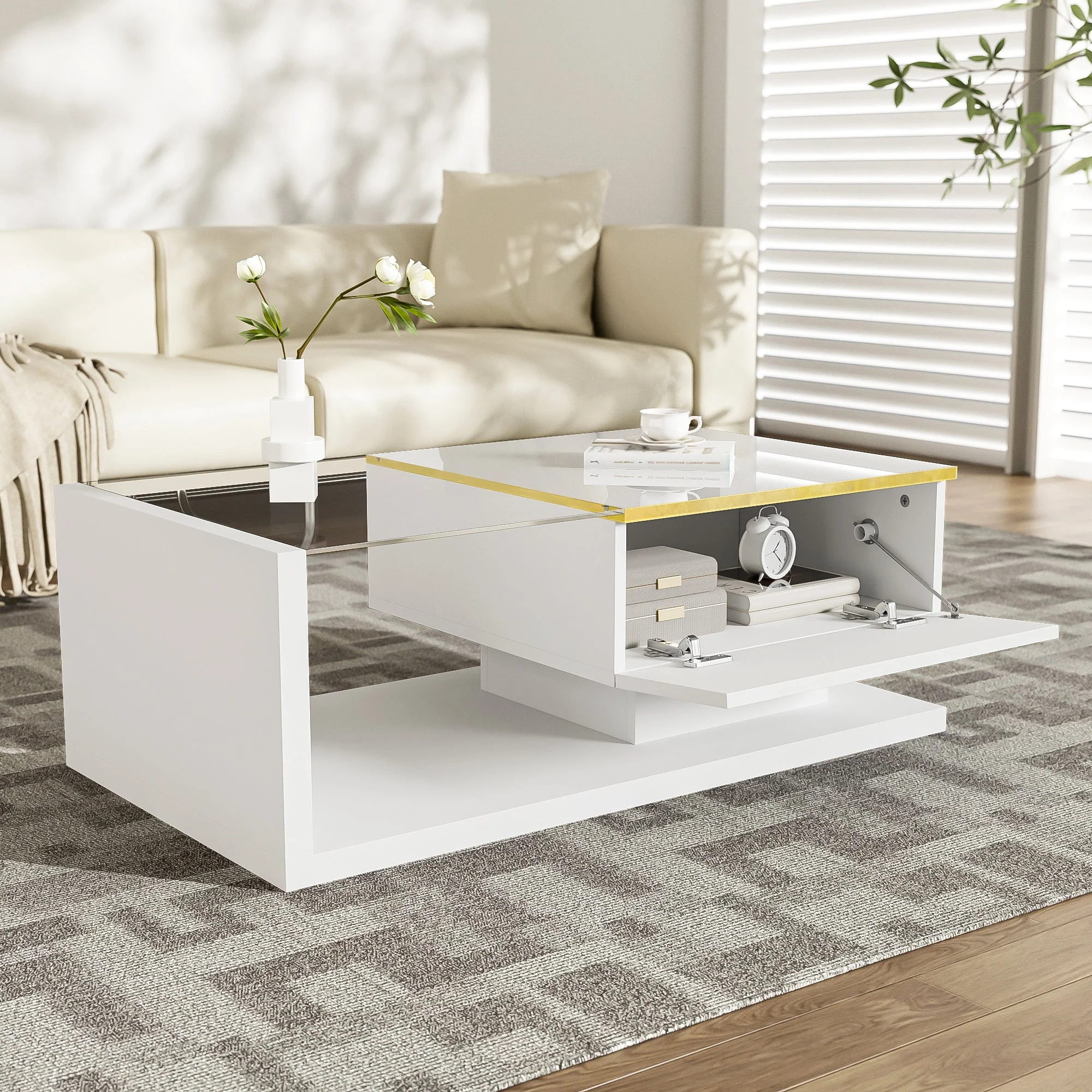Coffee Table 90cm, High-Gloss White with Glass & LED Effect - Image 7