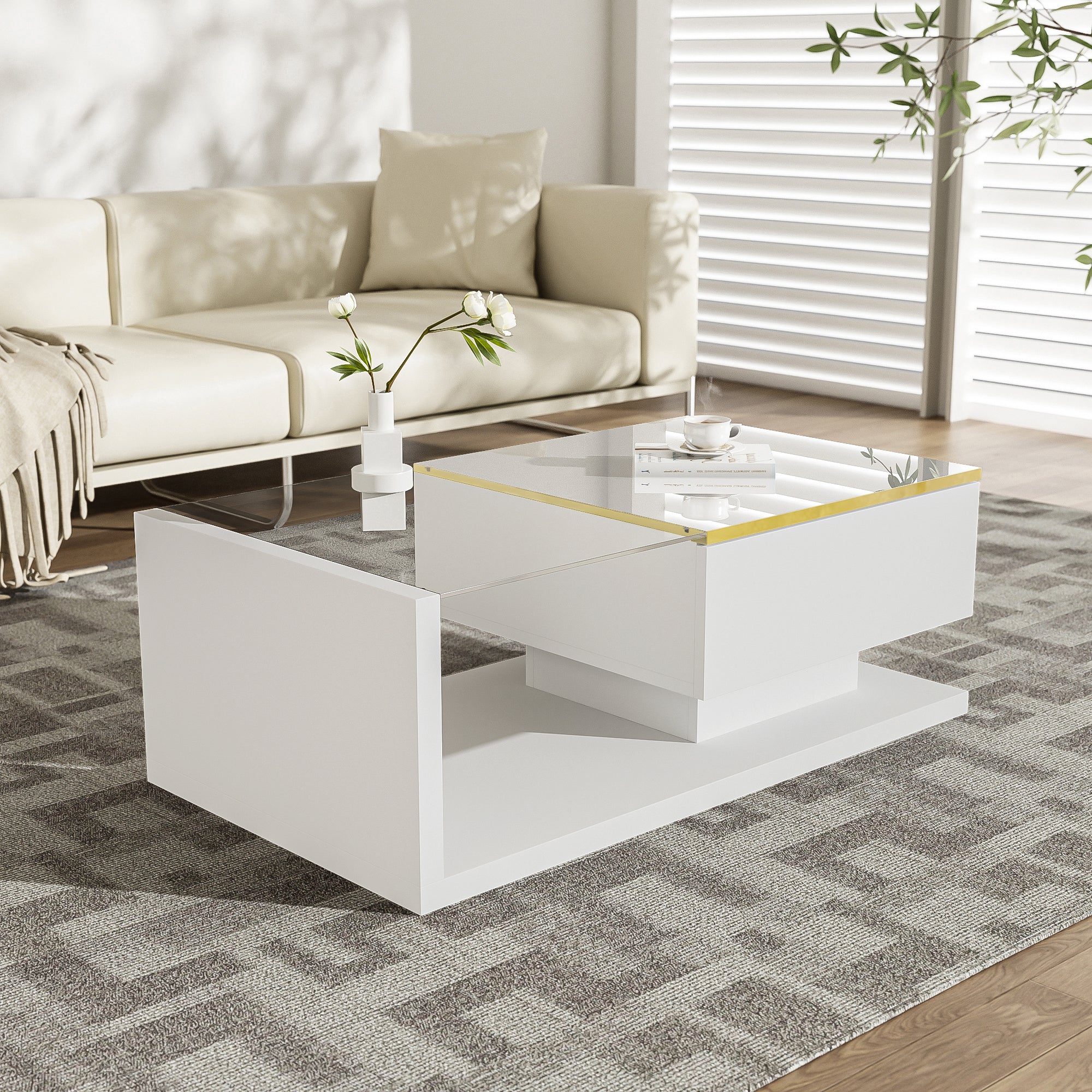 Coffee Table 90cm, High-Gloss White with Glass & LED Effect - Image 8