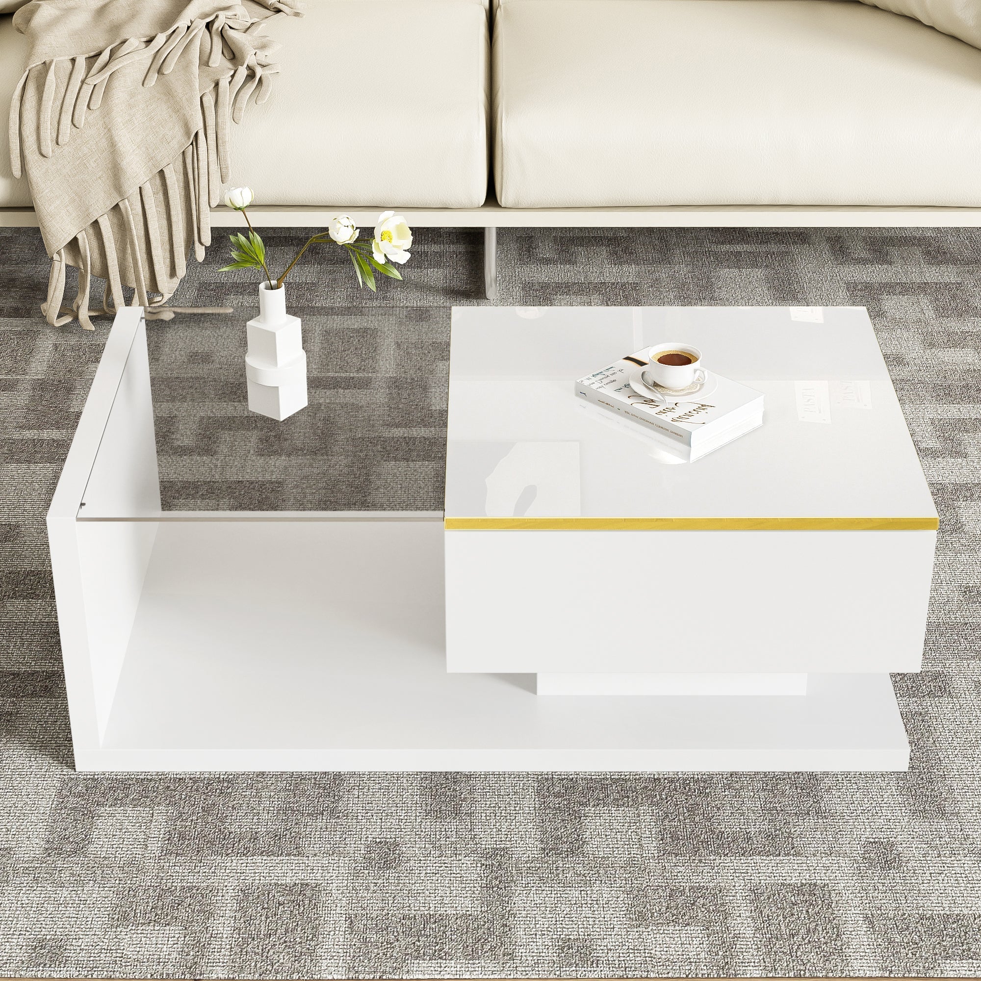Coffee Table 90cm, High-Gloss White with Glass & LED Effect - Image 9