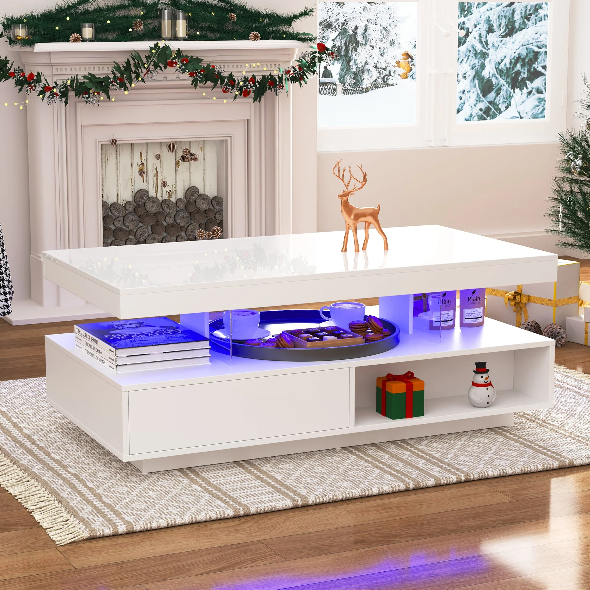 Coffee Table 95x50x42.5 cm with 4 Glass Tops, 2 Drawers, 2 Open Compartments, White High-Gloss - Image 5