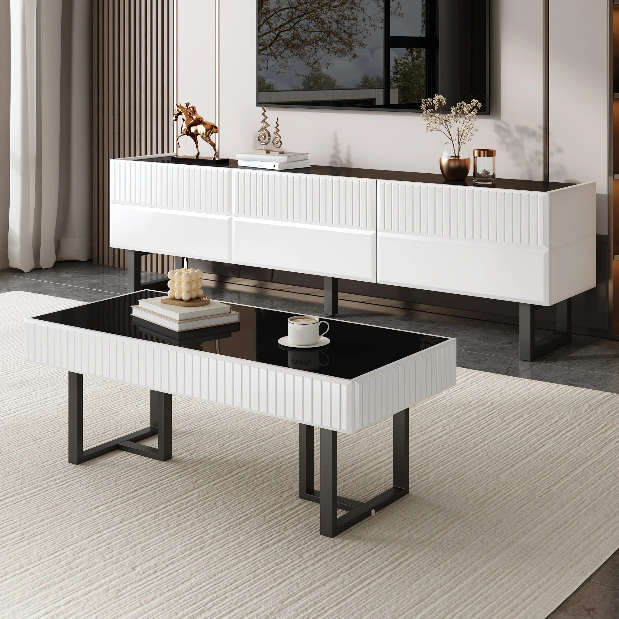 Coffee Table and TV Cabinet Set Modern Minimalist Storage Furniture - Black and White Stripe - Image 10