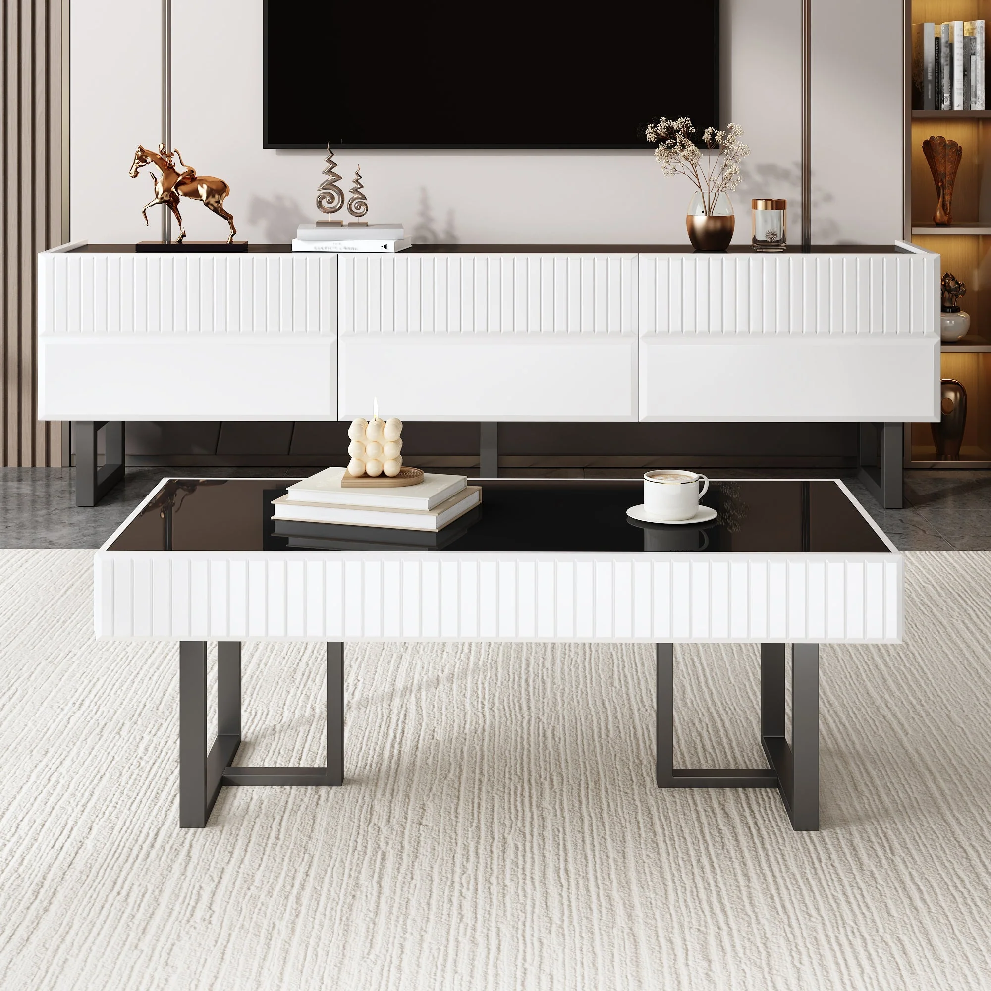 Coffee Table and TV Cabinet Set Modern Minimalist Storage Furniture - Black and White Stripe - Image 5