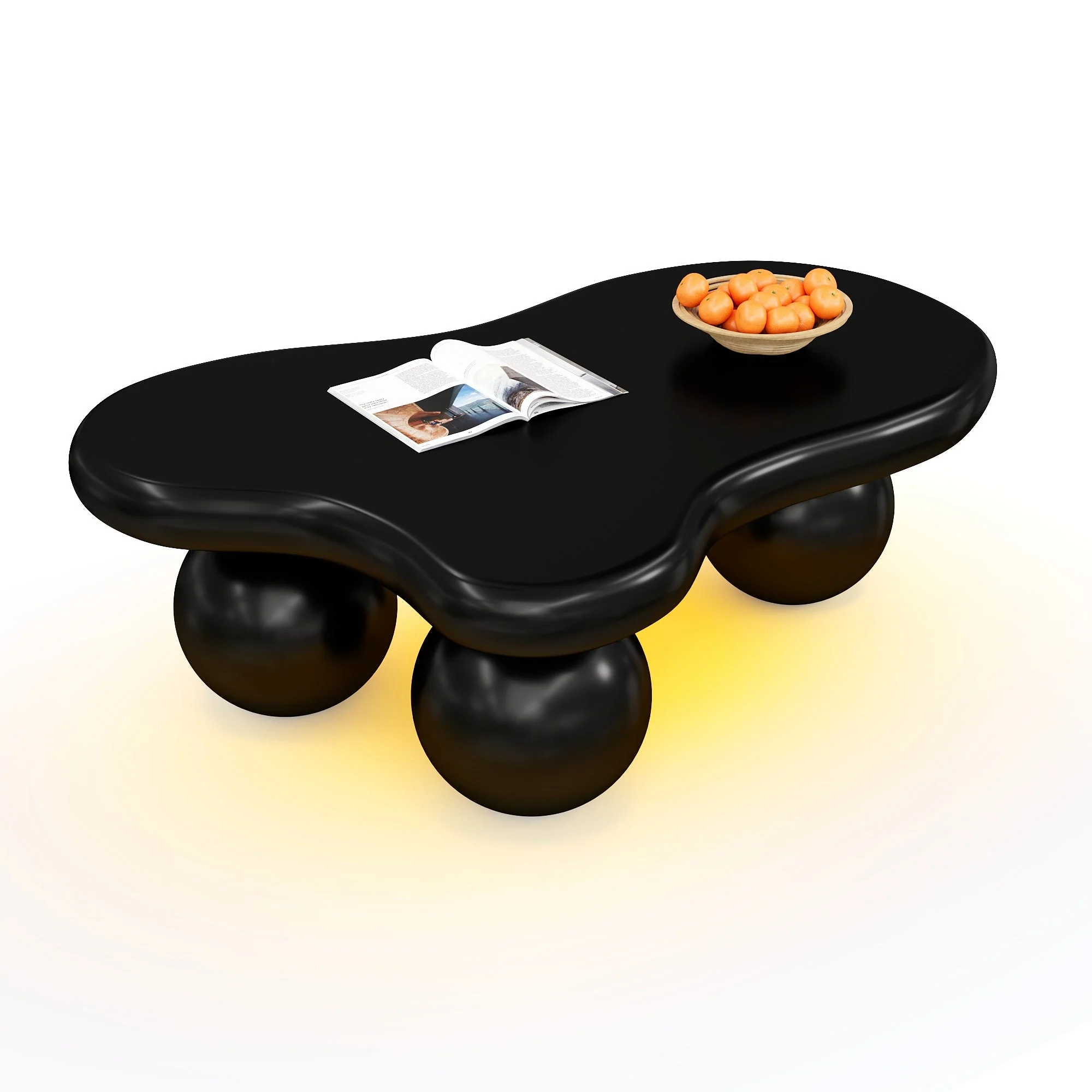 Coffee Table, Cloud-Shaped with LED Lighting & Round Legs, Black - Image 2