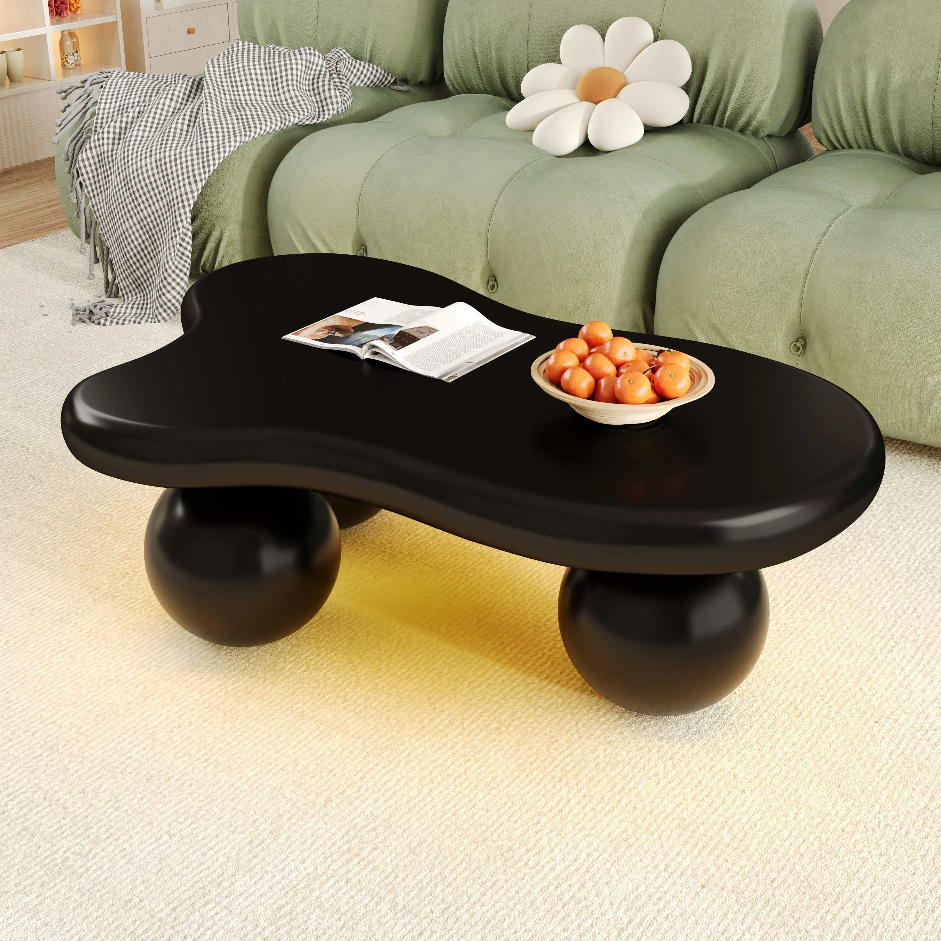 Coffee Table, Cloud-Shaped with LED Lighting & Round Legs, Black - Image 3