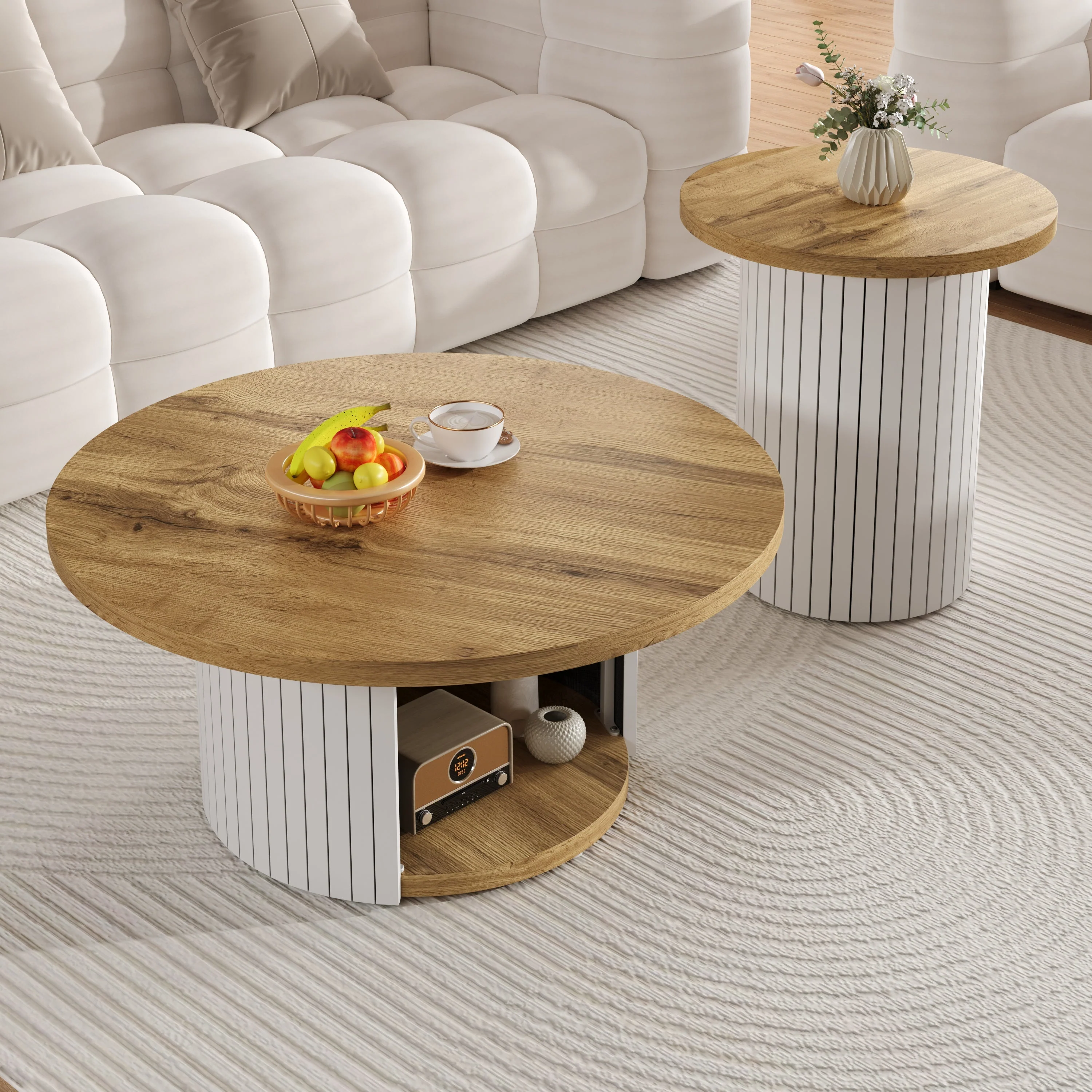 Coffee Table Double Round Multifunctional Natural Wood Slats - Image 10