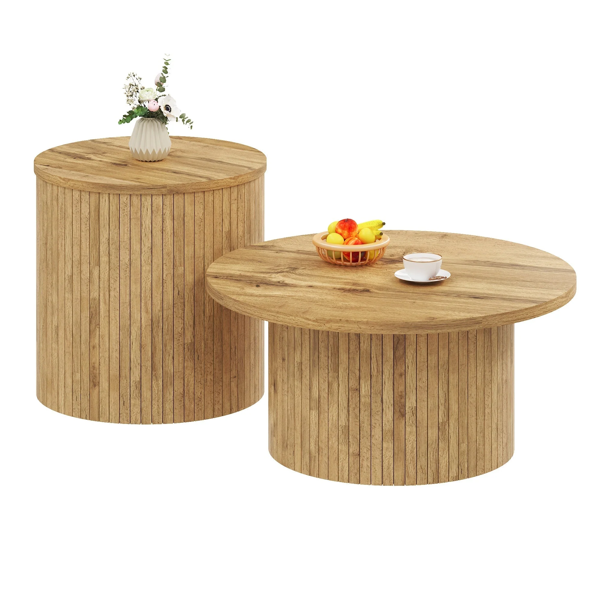 Coffee Table Double Round Slats Multifunctional - Natural Wood - Image 2