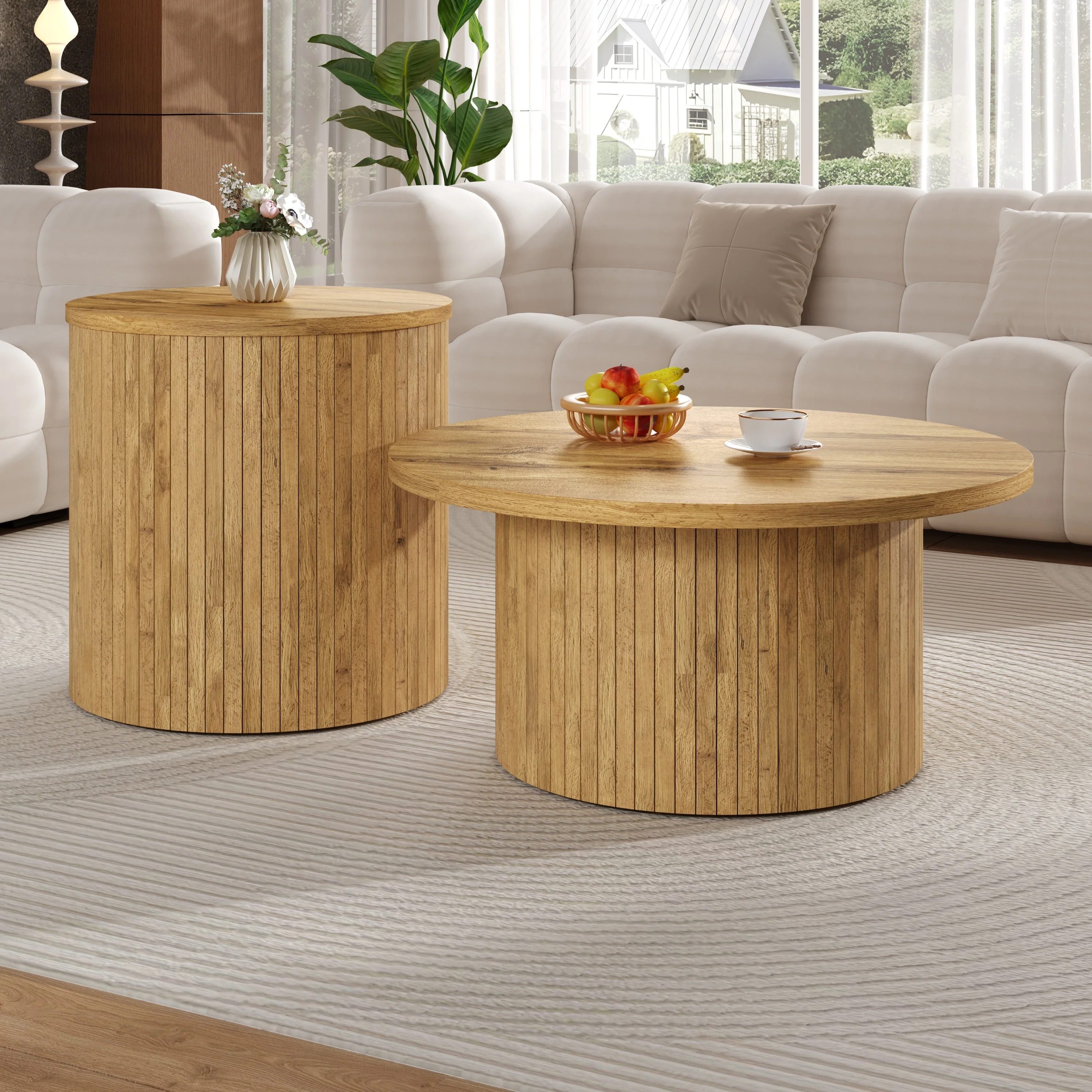 Coffee Table Double Round Slats Multifunctional - Natural Wood - Image 9