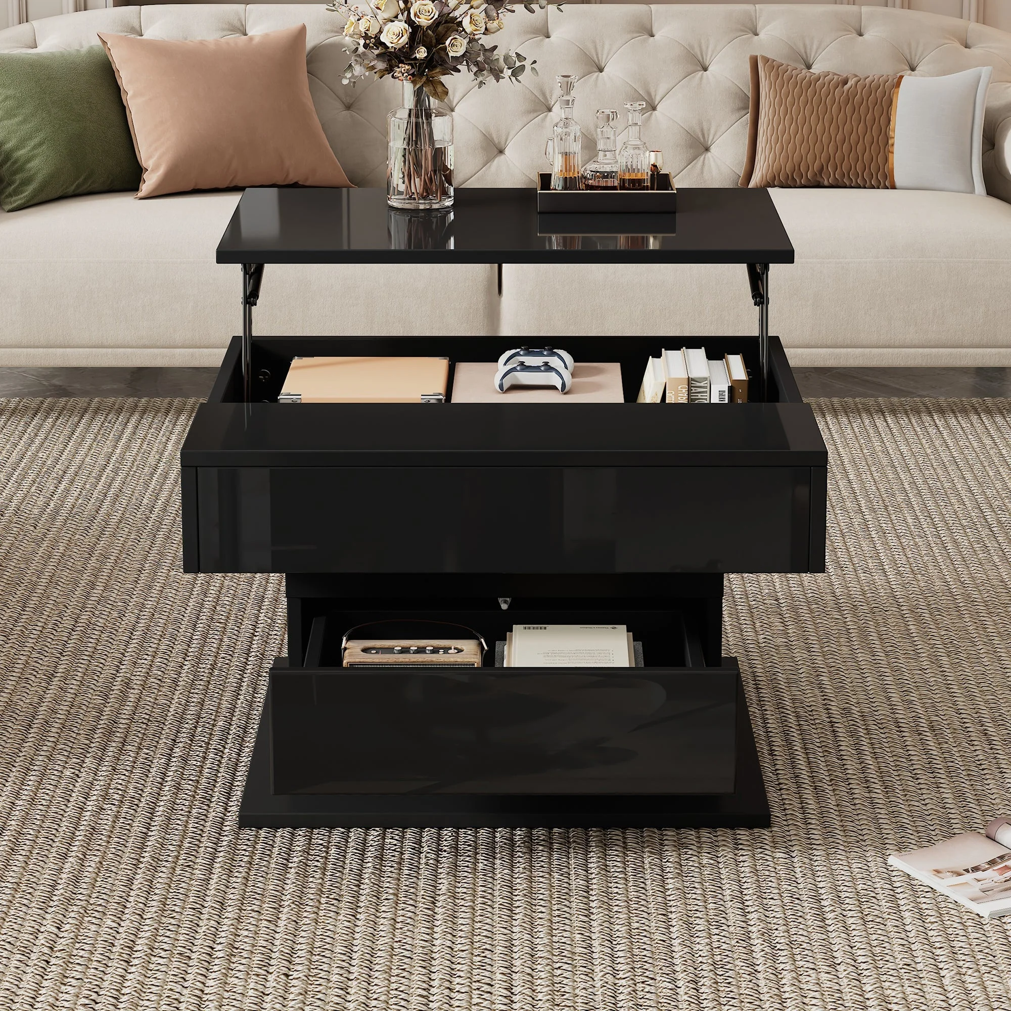 Coffee Table Geometric 360° Swivel Lift-Top 1 Drawer High-Gloss - Black - Image 4