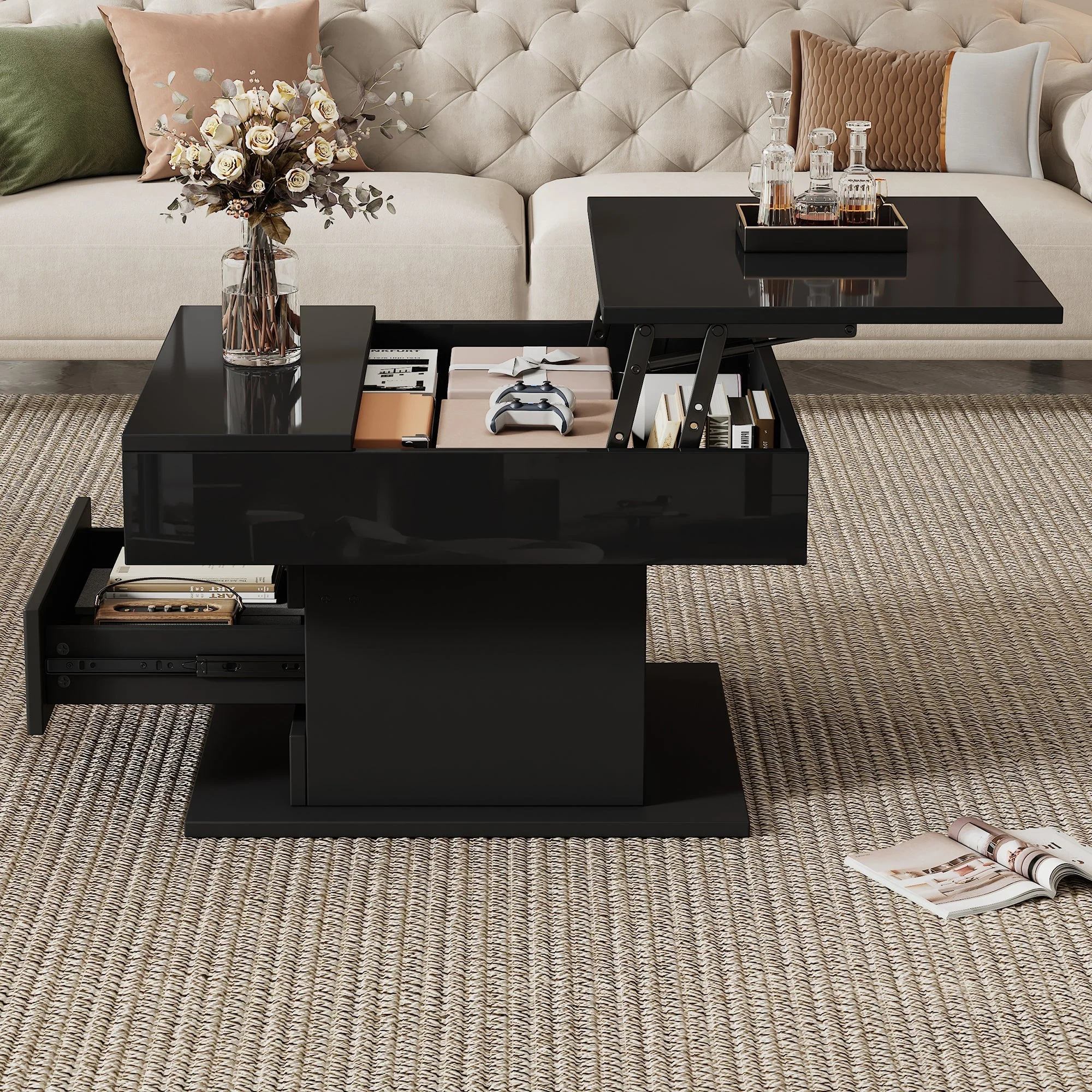 Coffee Table Geometric 360° Swivel Lift-Top 1 Drawer High-Gloss - Black - Image 6