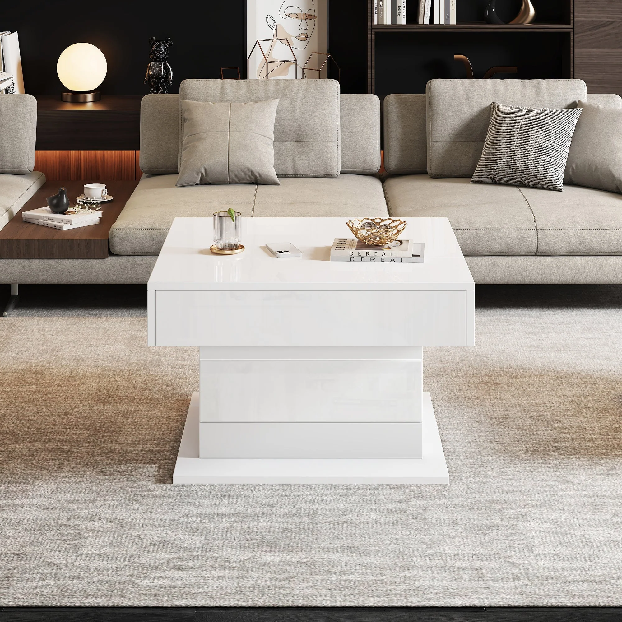 Coffee Table Geometric Lift-Up 360° Swivel Top 1 Drawer Hidden Storage - High-Gloss White - Image 2