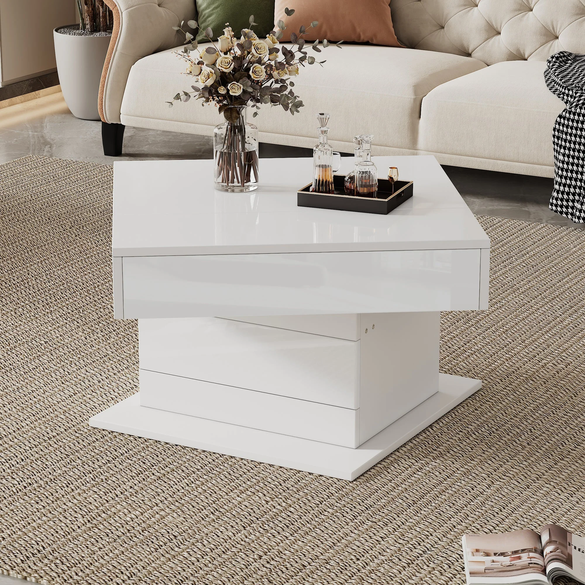 Coffee Table Geometric Lift-Up 360° Swivel Top 1 Drawer Hidden Storage - High-Gloss White - Image 3